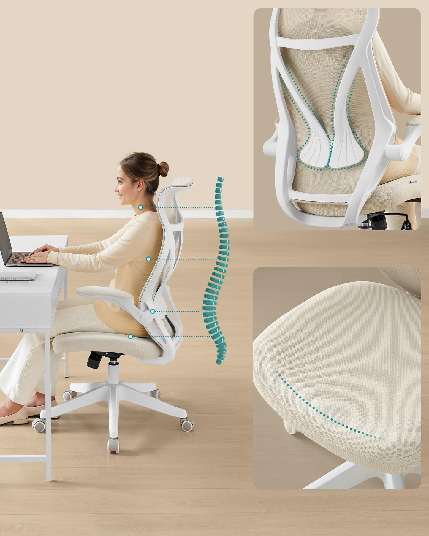 Beżowo-białe Krzesło biurowe, ergonomiczne oparcie, regulacja wysokości, składane podłokietniki, krzesło obrotowe z zagłówkiem