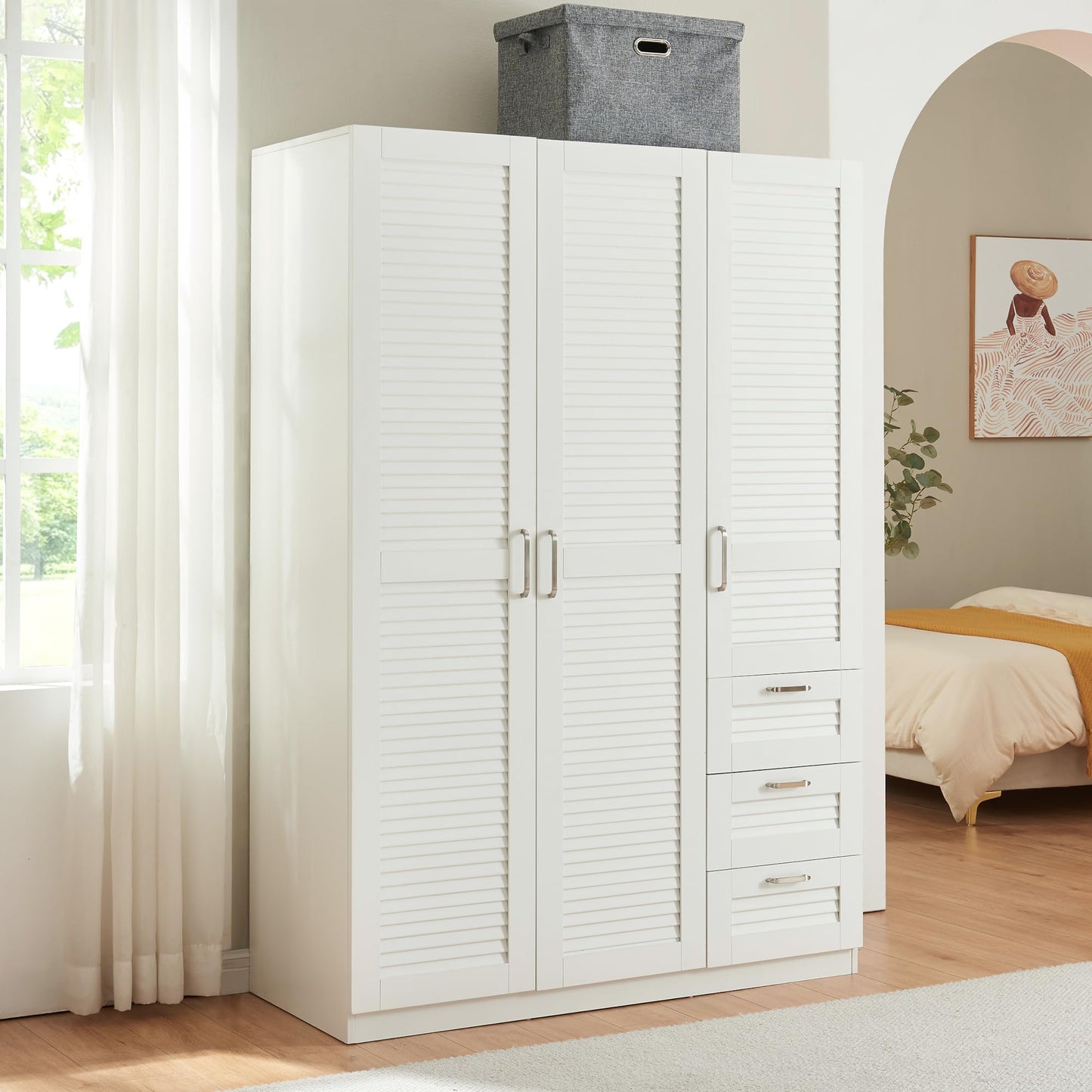 Biała Szafa 3-drzwiowa 176x120x52 cm – szafa na ubrania z 1 drążkiem, 4 półkami i 3 szufladami, biała szafa do sypialni