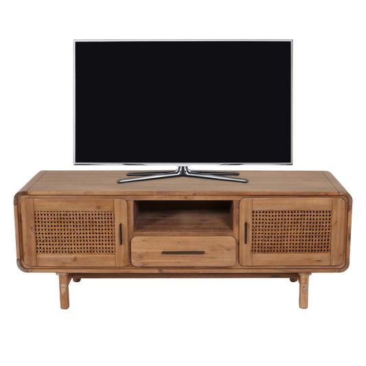 Szafka RTV z Rattanem i Drewna Akacjowego – 160x45x60 cm, Szafka pod telewizor z akacji 160cm