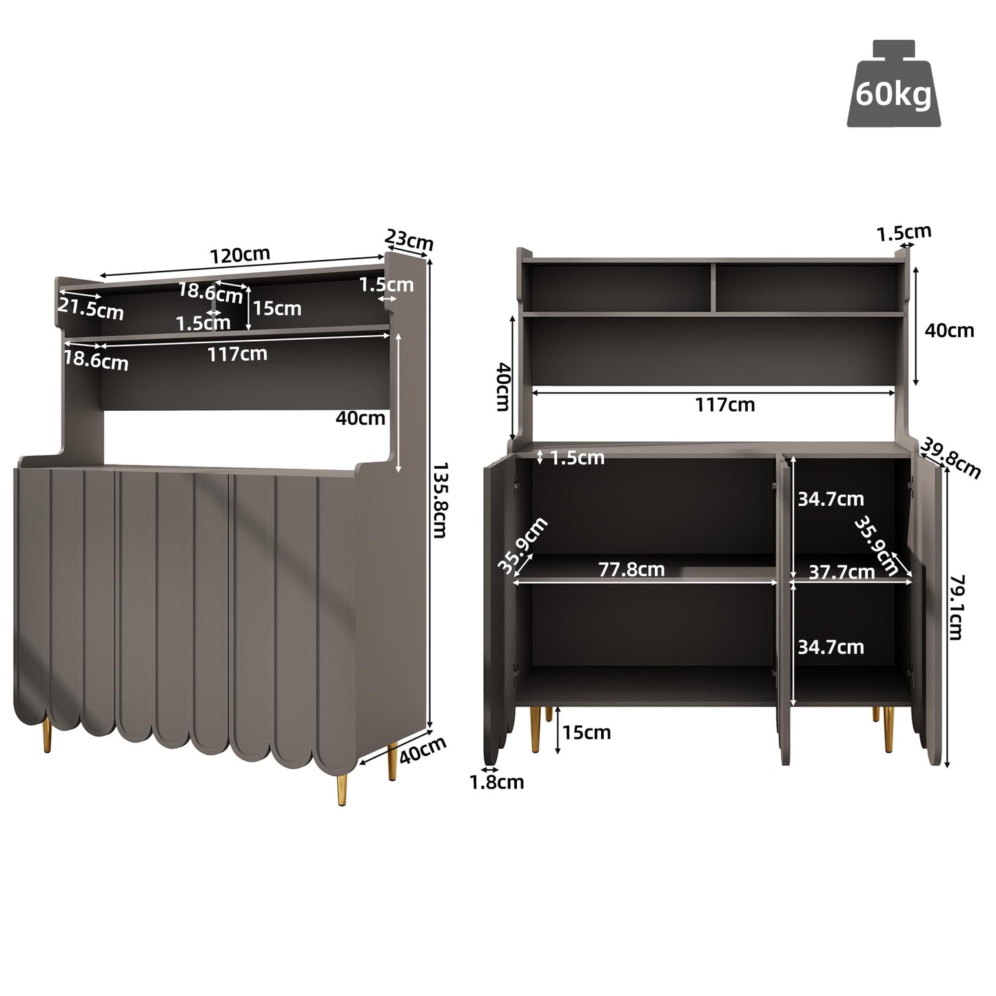 Komoda do salonu 120 cm z 2 szklanymi drzwiami i 3 szufladami – szafka kuchenna 120cm, jadalni, szary