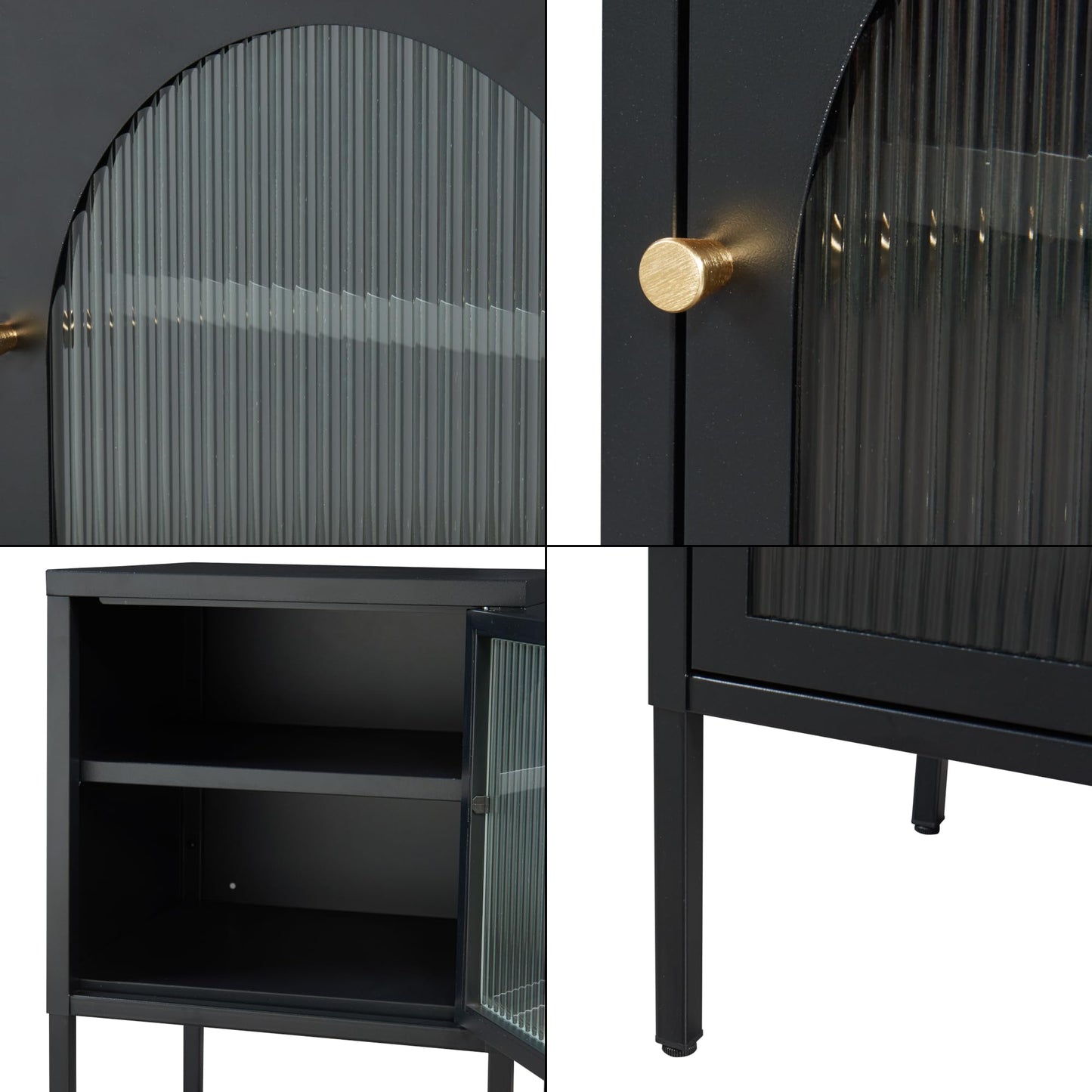 Czarny metalowy stolik nocny, 60x42,5x40 cm, stolik z przeszklonymi drzwiczkami – elegancki stolik pomocniczy