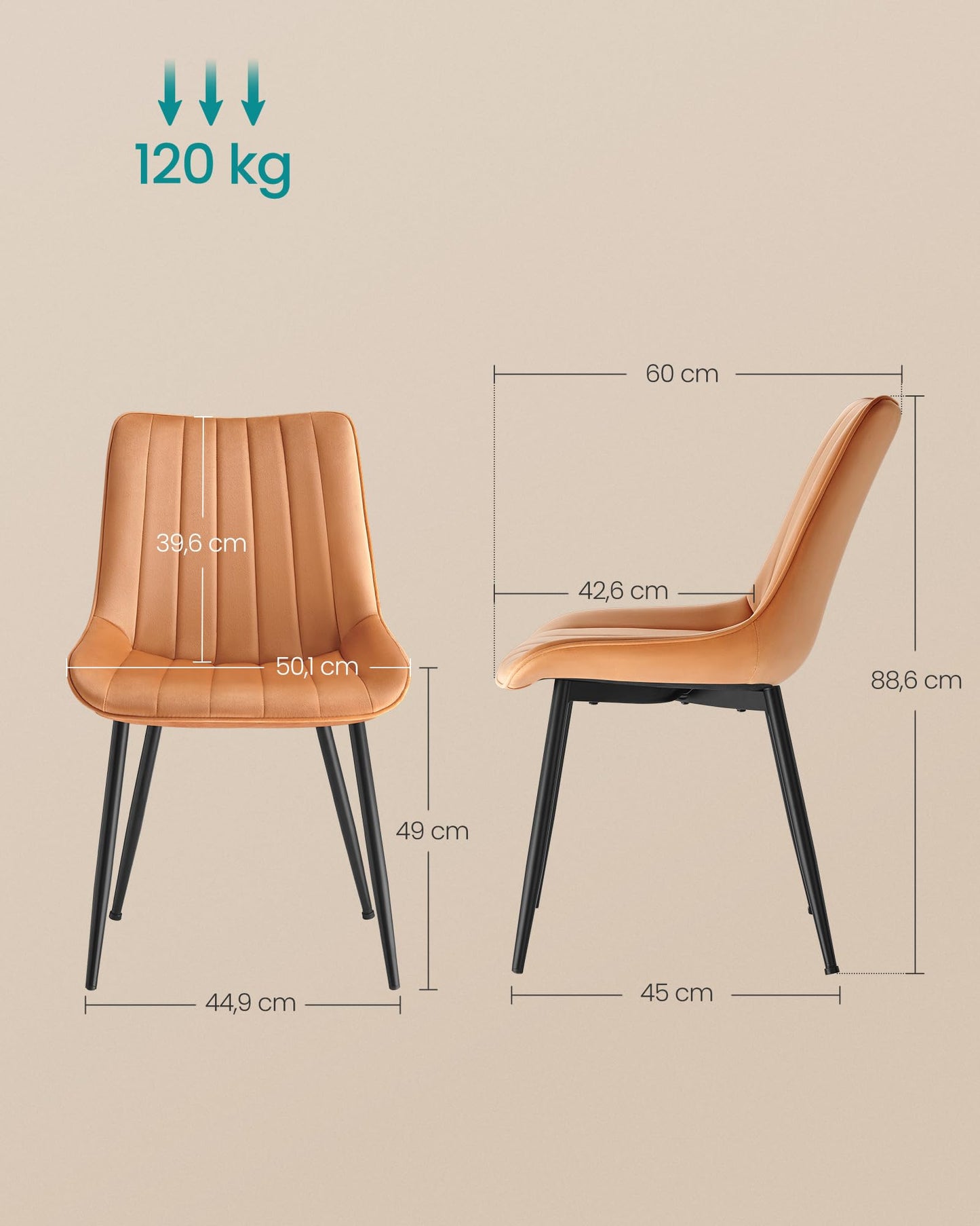 Zestaw 2 nowoczesnych krzeseł tapicerowanych do jadalni, aksamitne, stalowe nogi, ergonomiczne - Krzesła karmelowy brąz