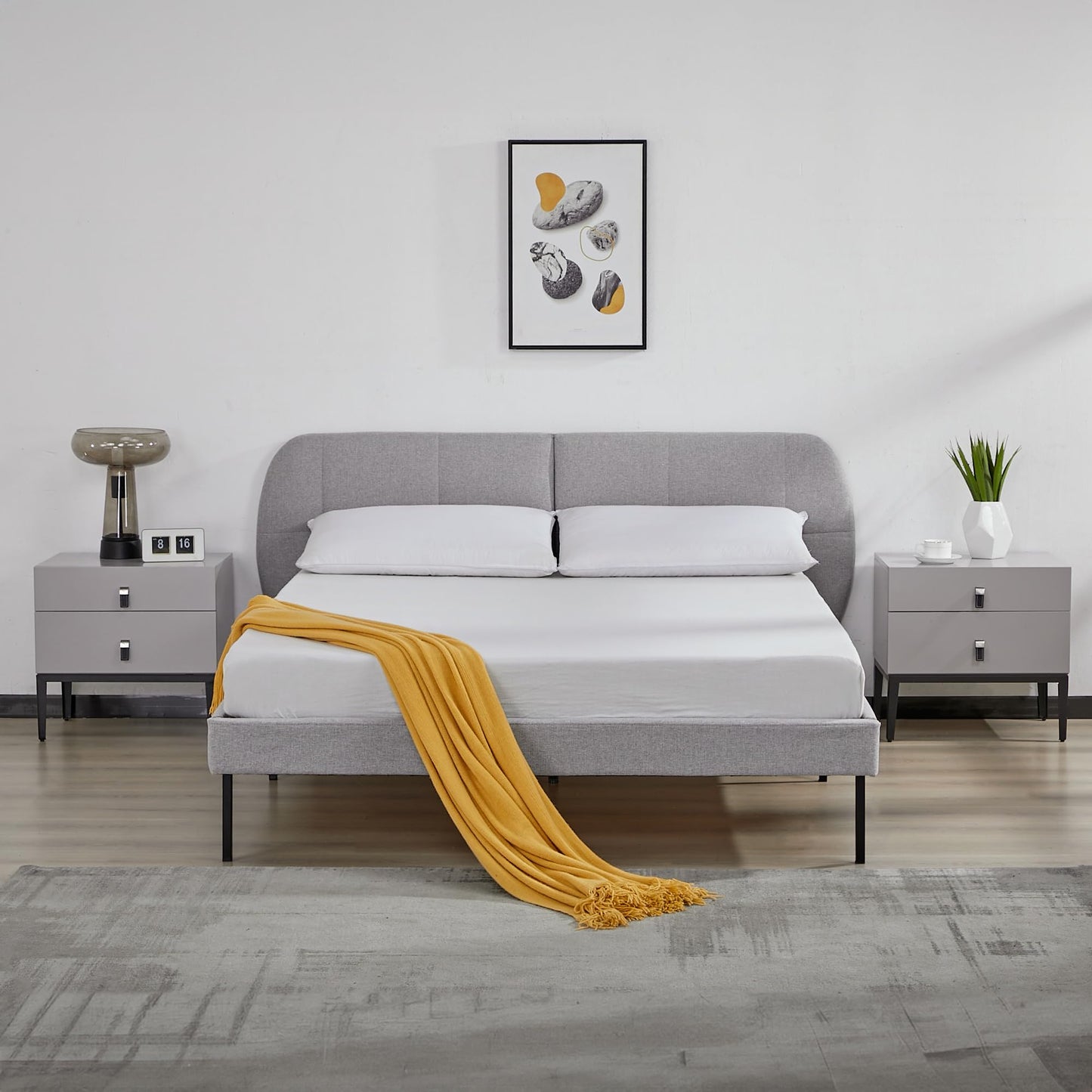 Łóżko tapicerowane 140x200 cm z zagłówkiem, tekstylne obicie, szare, stelaż, łóżko do 220 kg, łóżko w stylu skandynawskim