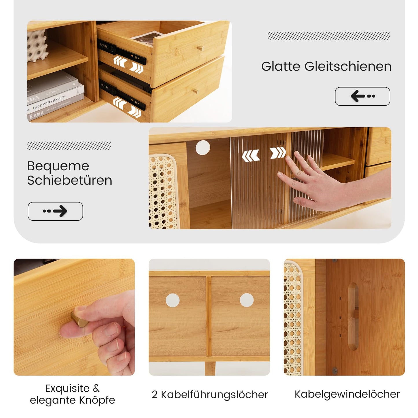 Bambusowa Szafka RTV z Rattanowymi i Szklanymi Drzwiami – 140x31x45,5 cm do Salonu, szafka pod tv z drzwiami