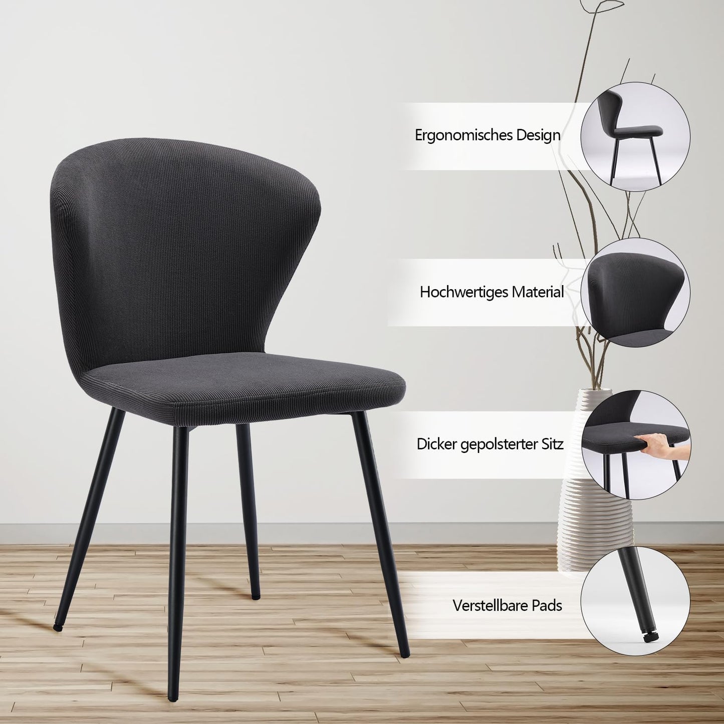 Zestaw 2 krzeseł tapicerowanych do jadalni i salonu, sztruksowe, czarno-szare, metalowe nogi, ergonomiczne - krzesła skandynawskie sztruks
