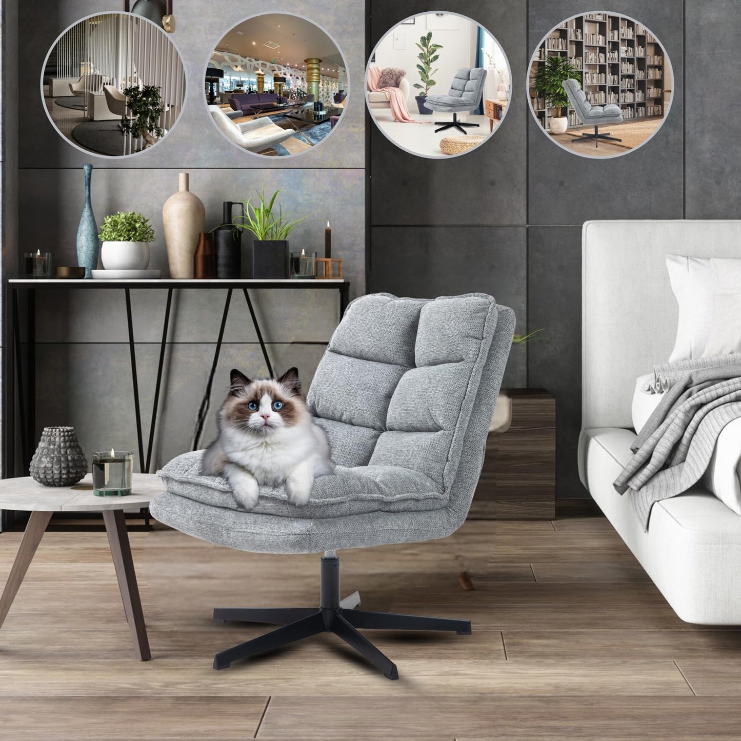 Fotel tapicerowany obrotowy do salonu – relaksacyjne krzesło z podłokietnikami, szary, 65x79,5x85 cm