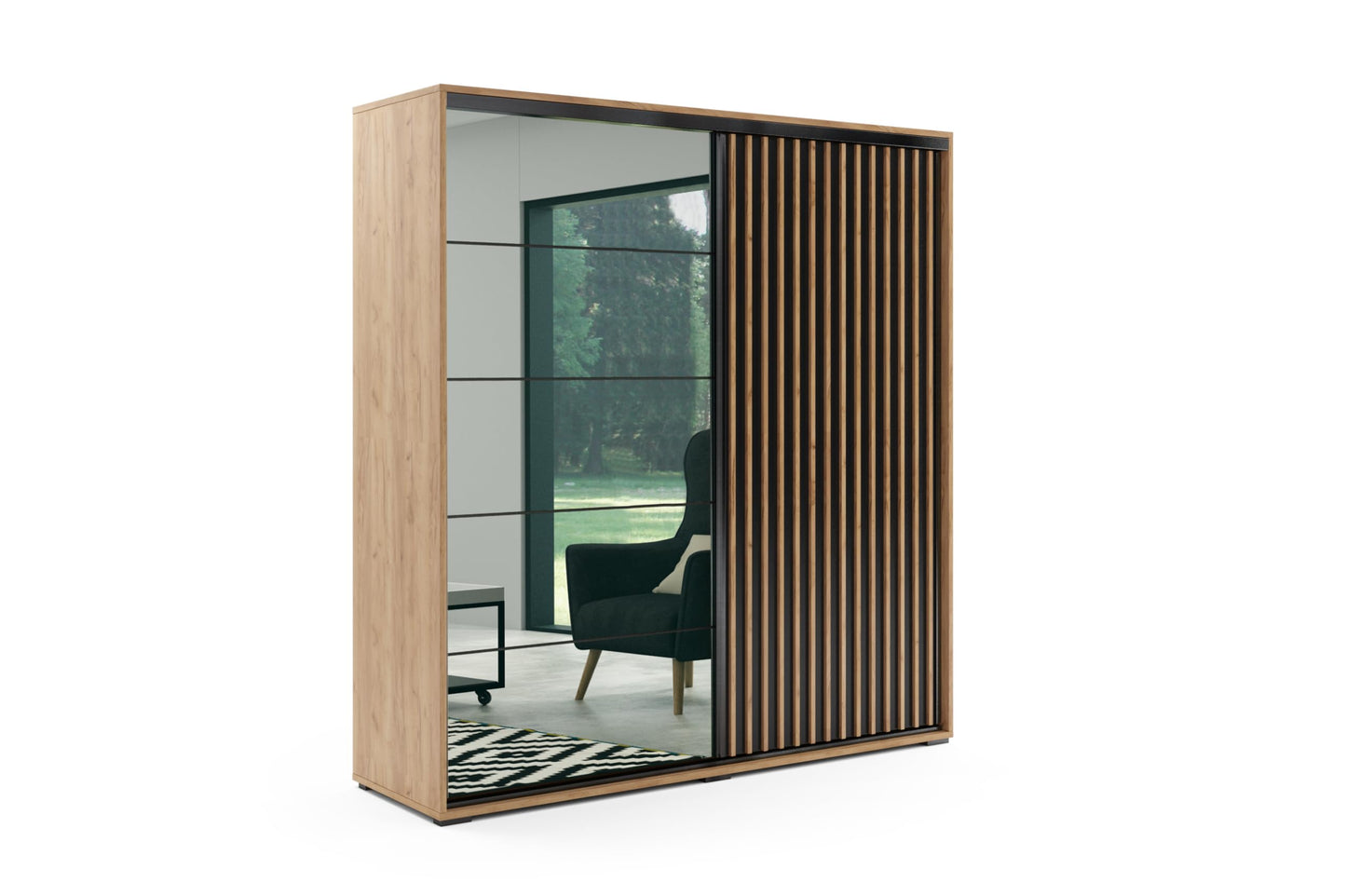 Szafa przesuwna z lamelami i lustrem Liman – nowoczesna szafa na ubrania, styl loftowy, 200x62x245 cm, fronty czarne, lamele