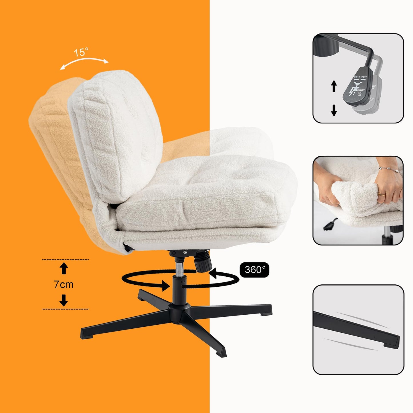 Obrotowy fotel tapicerowany – relaksacyjny fotel z grubym miękkim siedziskiem, białe sztruksowe oparcie