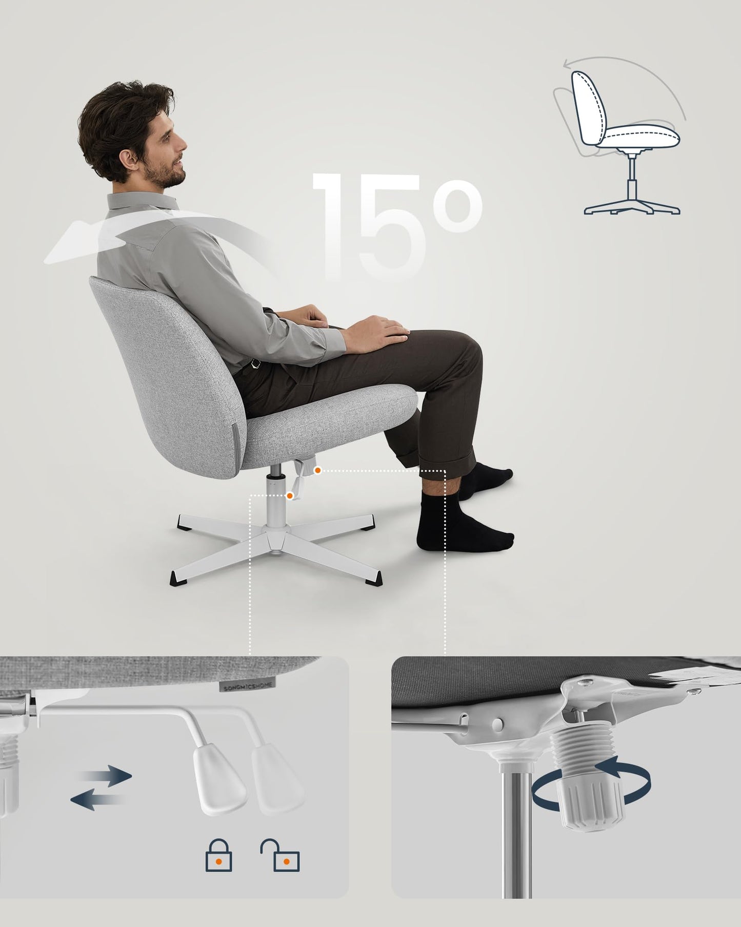 Krzesło biurowe z szerokim siedziskiem, krzesło obrotowe bez podłokietników, szerokie siedzisko, z podstawą krzyżową, regulacja wysokości, funkcja bujaka