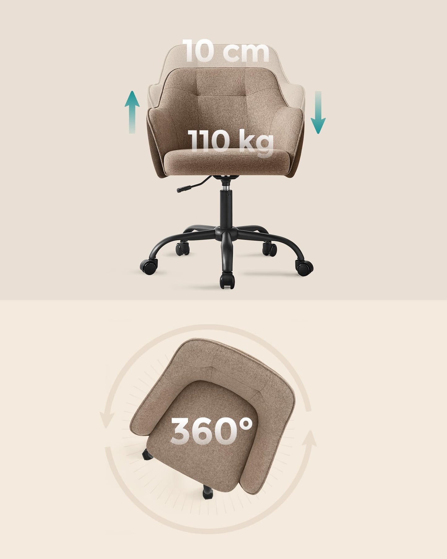 Stylowe Krzesło biurowe, obrotowe, z regulacją wysokości, oddychająca tkanina, do gabinetu, sypialni, brązowy