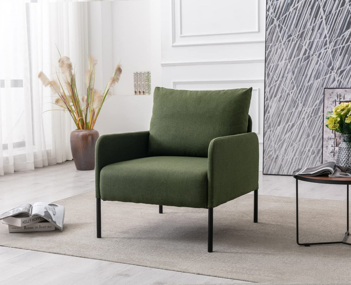 Nowoczesna Fotel w kolorze zielonym z metalowymi nogami - 1-osobowa sofa lniana typu loveseat, tapicerowana kanapa do salonu z metalowymi nogami