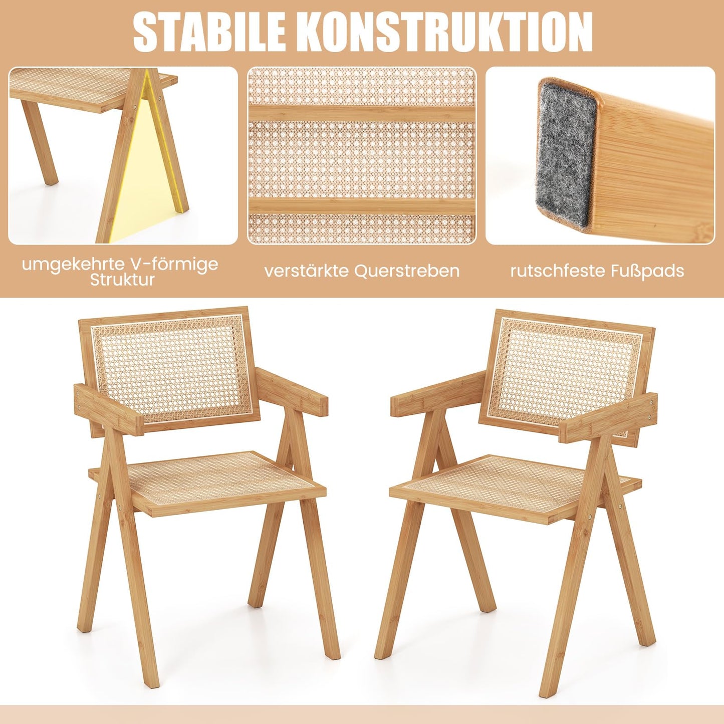 Zestaw 4 krzeseł rattanowych do jadalni i kuchni, bambusowa rama, podłokietniki, 50x52x81 cm - krzesla w kolorze naturalnego drewna z rattanem