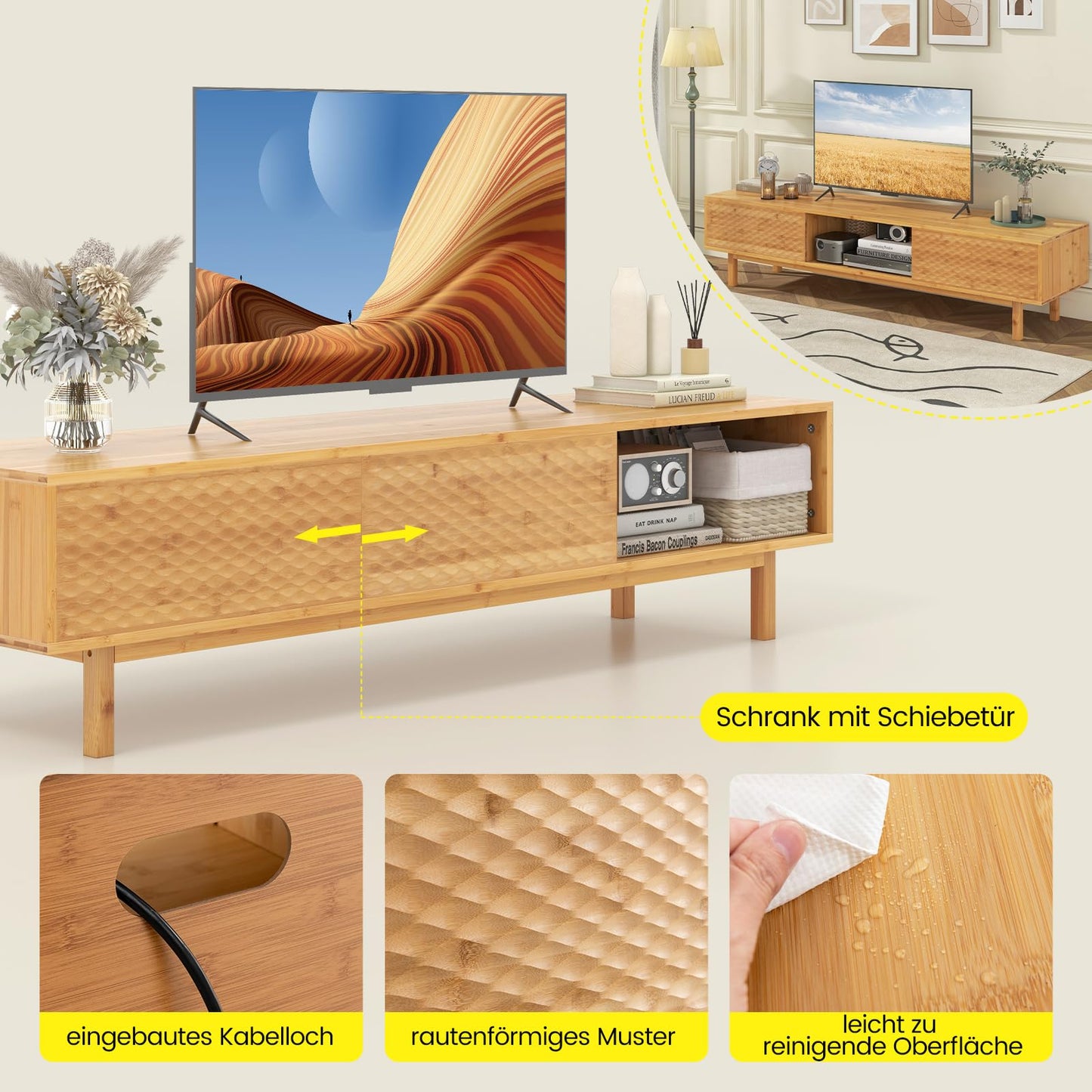 Skandynawska Szafka RTV Bambusowa z Przesuwanymi Drzwiami i Szafkami – 160x40x38 cm, szafka w kolorze naturalnym