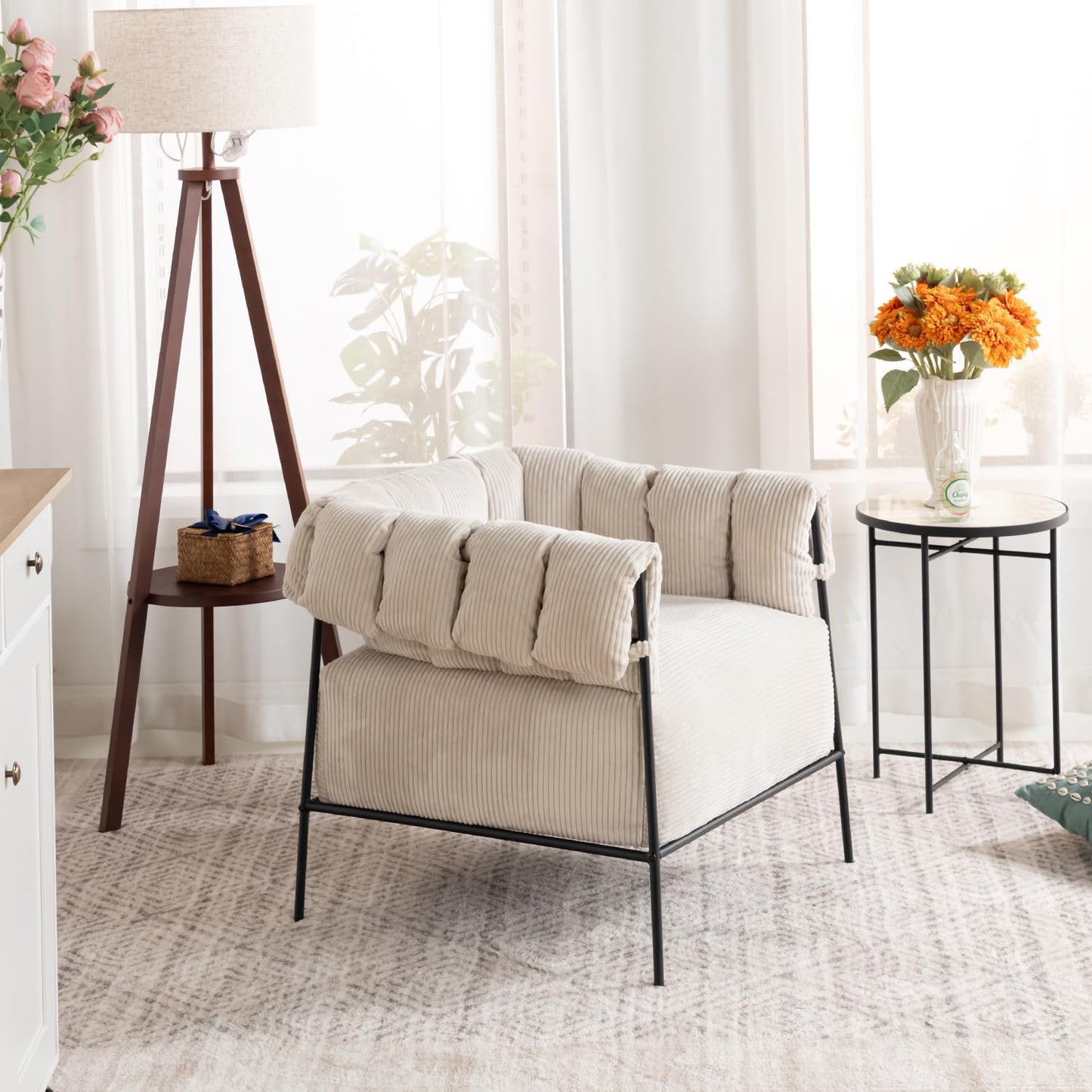 Fotel tapicerowany pojedynczy fotel do salonu z grubą poduszką do pokoju biurowego relaks beżowy sztruks