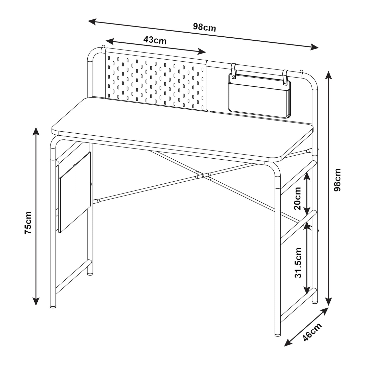 Biurko drewniano metalowe – stół biurowy z metalową ramą, biurko do domowego biura lub gabinetu, nowoczesny stół komputerowy z panelem perforowanym i 2 kieszeniami, 98 x 98 x 46 cm