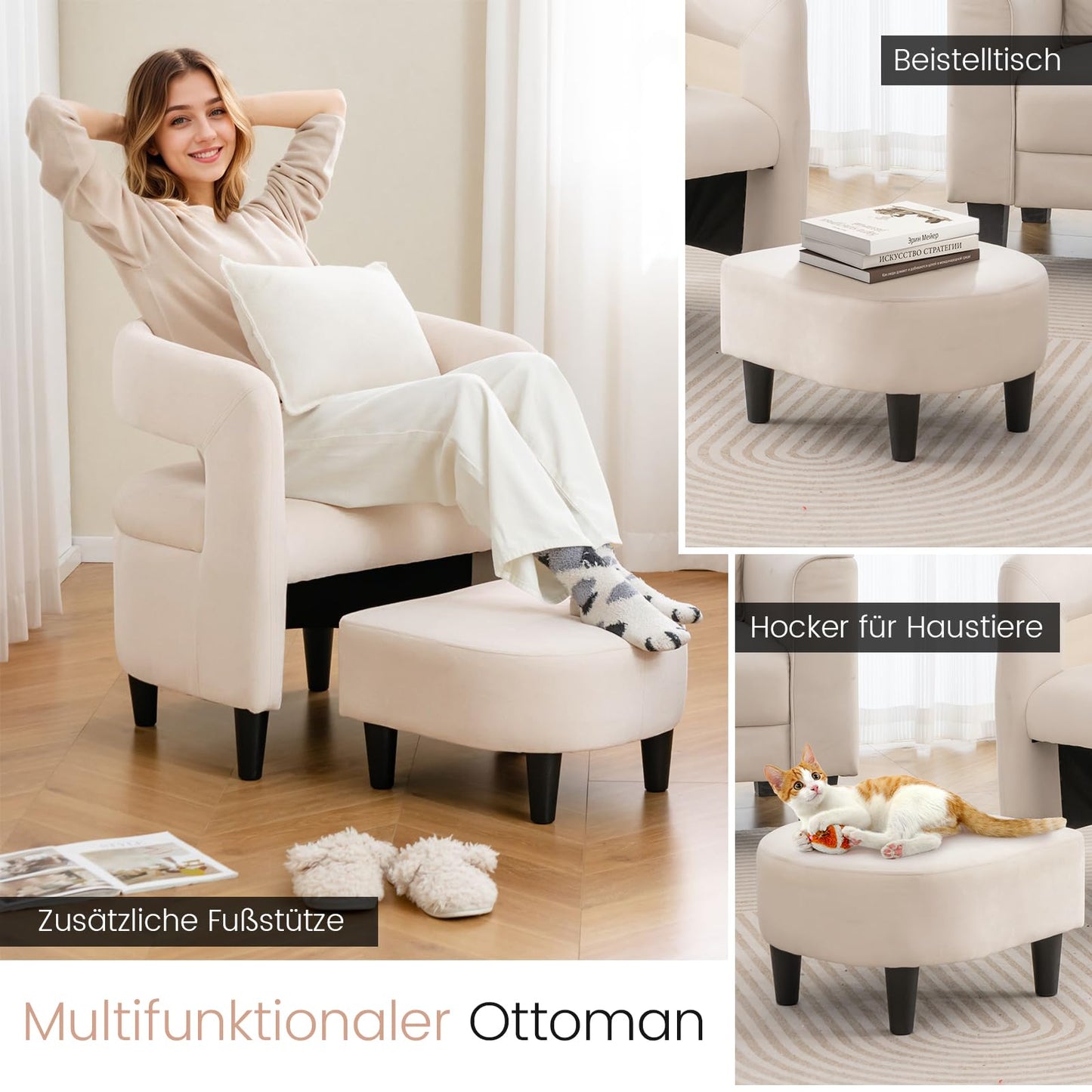 Fotel relaksacyjny z taboretem, kremowo-biały, vintage fotel telewizyjny z uszami i metalową ramą