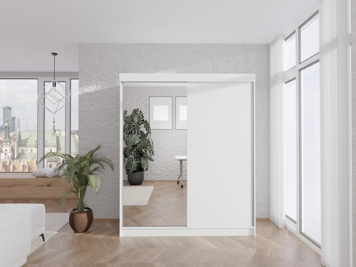 Biała Elegancka szafa z 4 półkami i 2 drążkami, Biała szafa przesuwna z lustrem – Dąb + pełne lustro, 120x205 cm