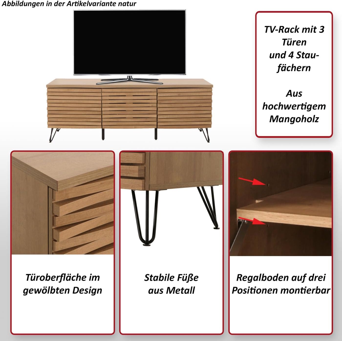 Szafka RTV z Drewna Mango i Metalem – Szafka pod telewizor z trzema drzwiczkami 140cm