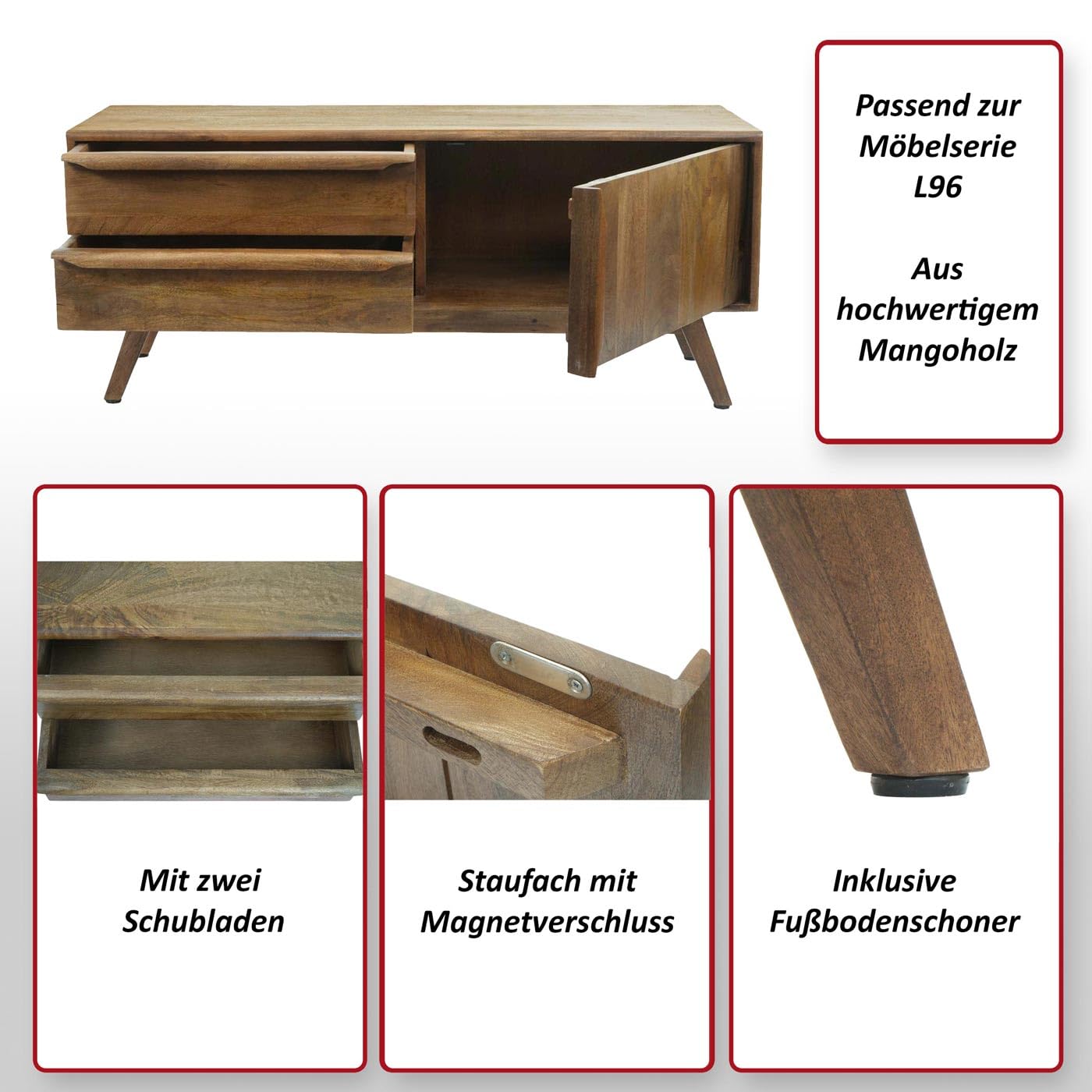 Szafka RTV z Litego Drewna Mango w stylu skandynawskim, prosta nowoczesna szafka pod telewizor 110cm