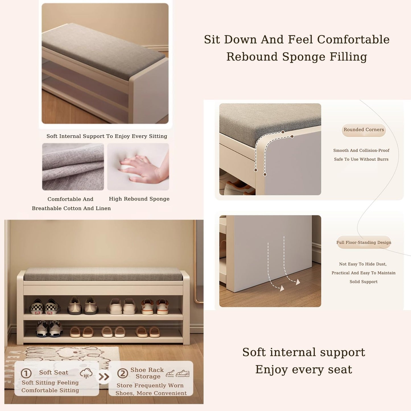 Ławka na buty z litego drewna – rama z litego drewna, tkanina bawełniano-lniana, wygodna ławka z drewna