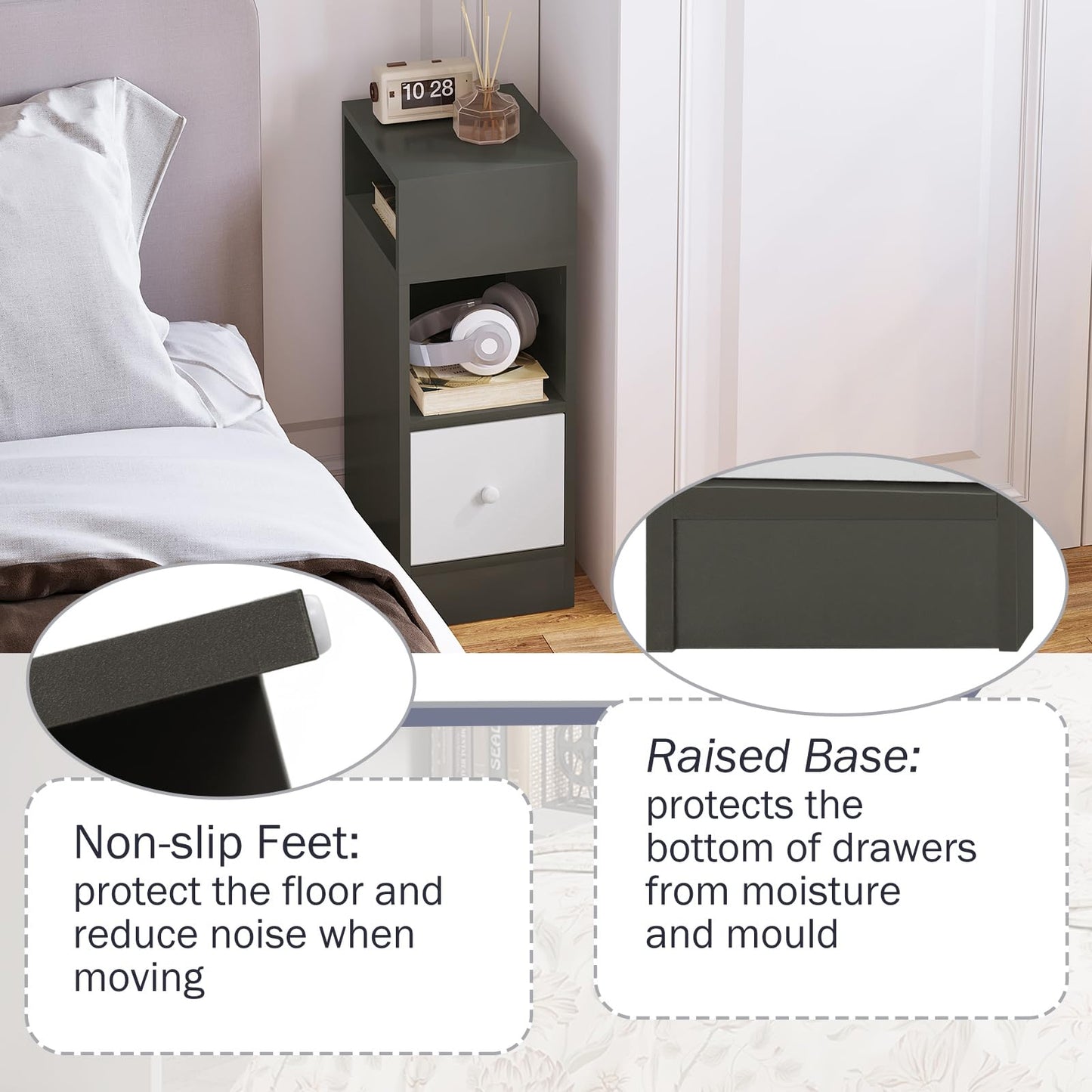 2-częściowy zestaw stolików nocnych z 2 półkami i 1 szufladą – wąska szafka 25x66x30 cm, zestaw zielonych stolików nocnych