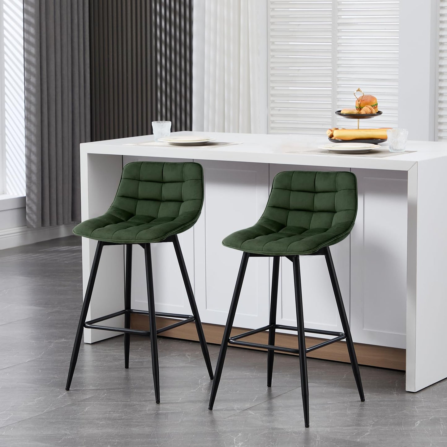 Welurowe hokery butelkowa zieleń 2 szt. - Designerskie, aksamitna tkanina, z podnóżkiem