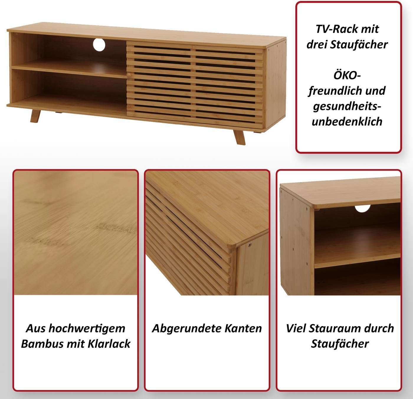 Bambusowa szafka pod telewizor, szafka pod telewizor, komoda, schowki, certyfikat MVG, 50 x 140 x 40 cm