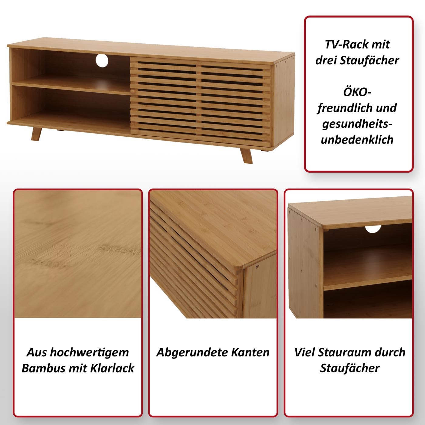 Bambusowa szafka pod telewizor, szafka pod telewizor, komoda, schowki, certyfikat MVG, 50 x 140 x 40 cm