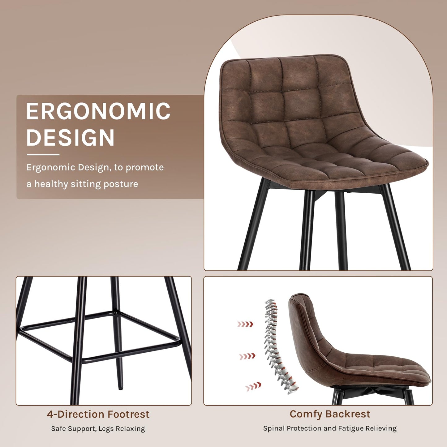 Stołki barowe 2 szt. z miękkiej sztucznej skóry, brązowe, z oparciami i podnóżkami – krzesła barowe z metalowymi nogami