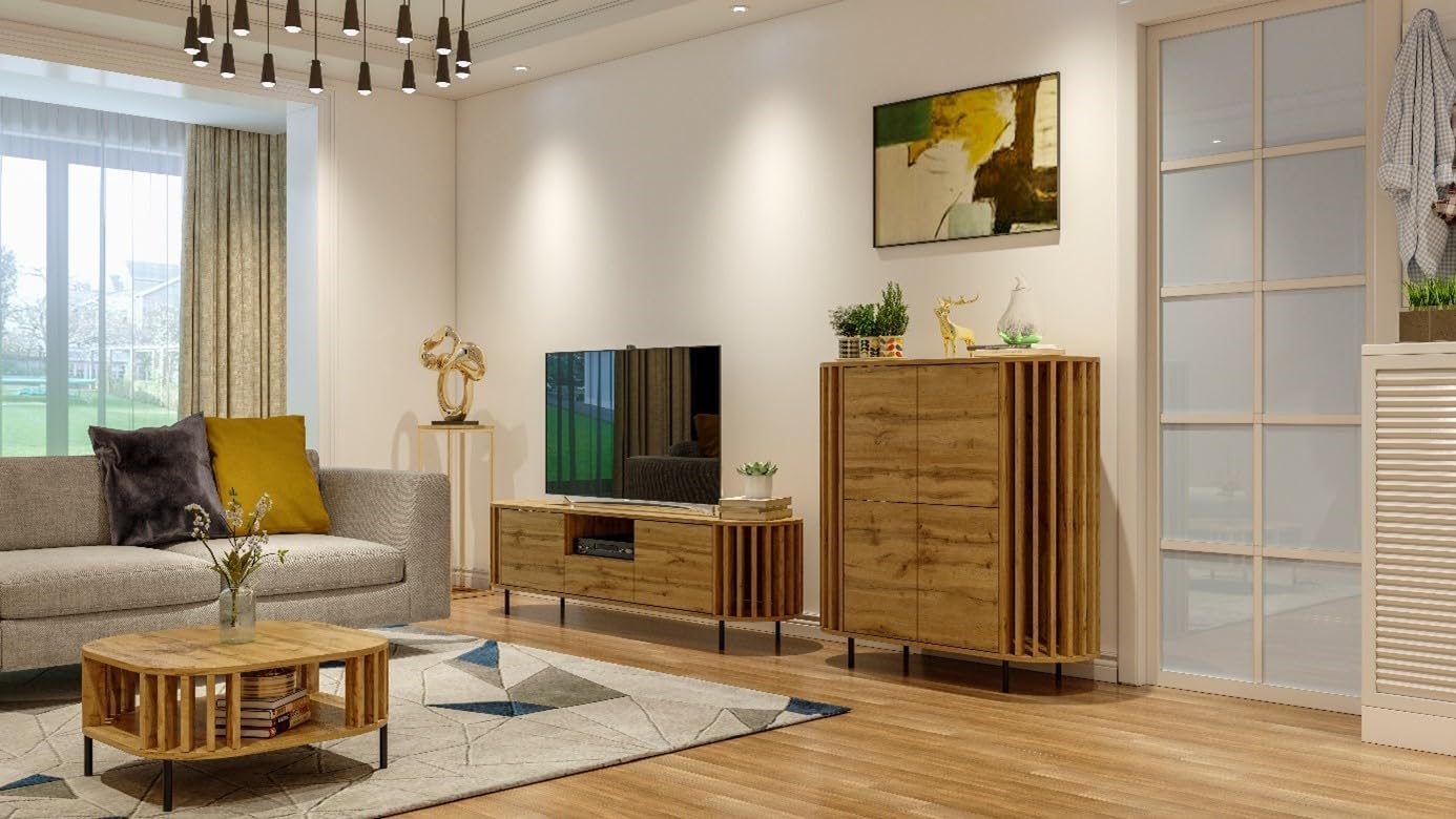 Pojemna szafka RTV - Z 2 szafkami, półką i szufladą - Mebel do salonu - 160x50x40 cm - Dąb