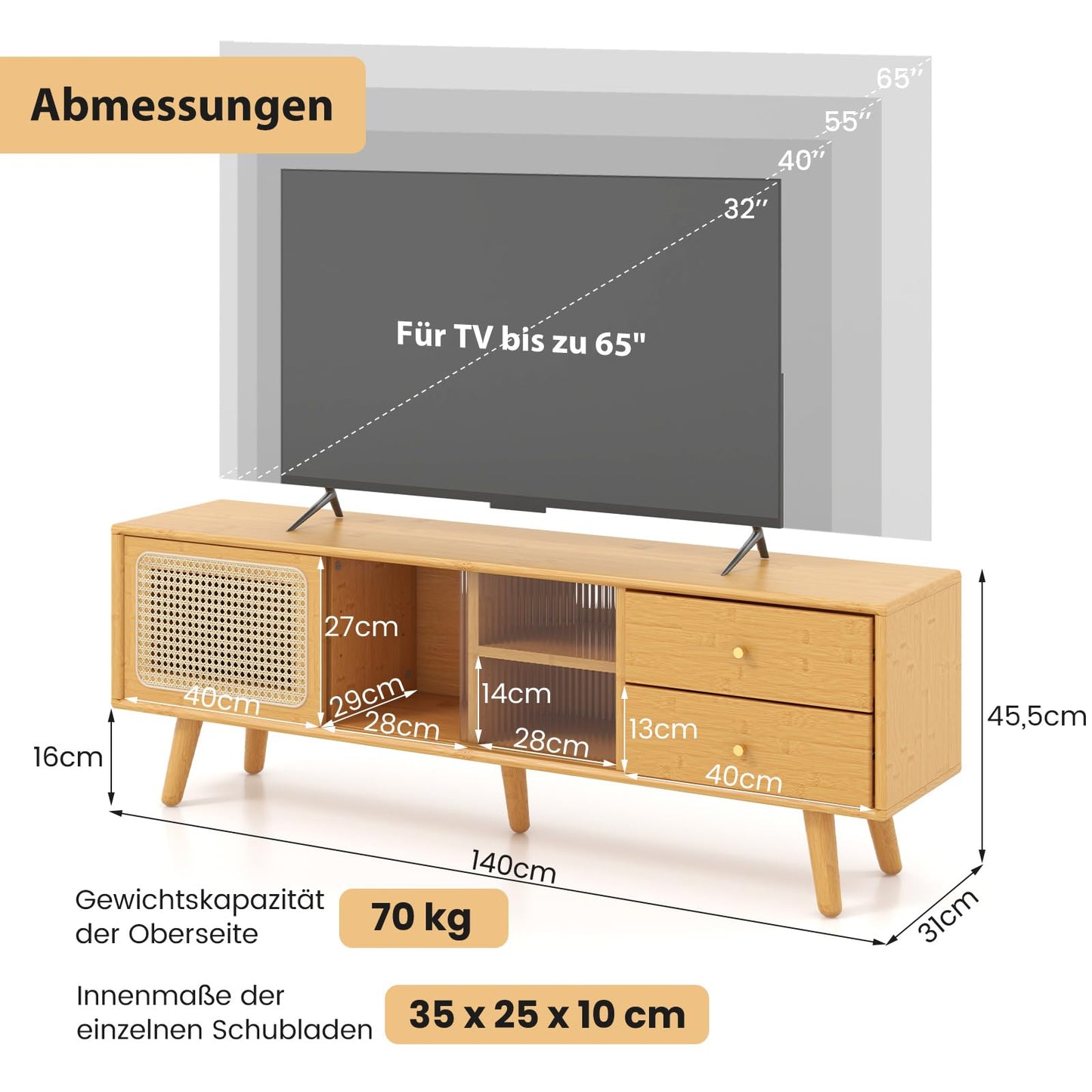 Bambusowa Szafka RTV z Rattanowymi i Szklanymi Drzwiami – 140x31x45,5 cm do Salonu, szafka pod tv z drzwiami