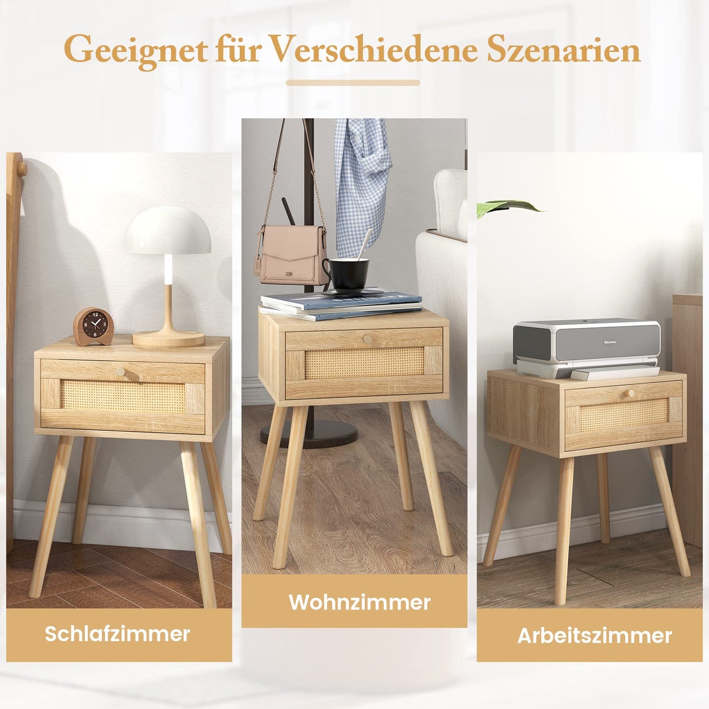 Stolik nocny z rattanu z szufladą – stolik nocny na nóżkach, dąb, 40x40x55 cm, boho, pomocniczy stolik naturalny