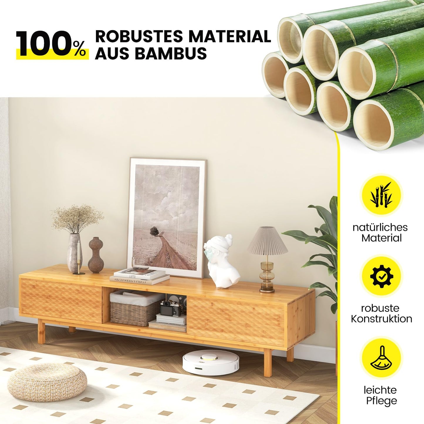 Skandynawska Szafka RTV Bambusowa z Przesuwanymi Drzwiami i Szafkami – 160x40x38 cm, szafka w kolorze naturalnym