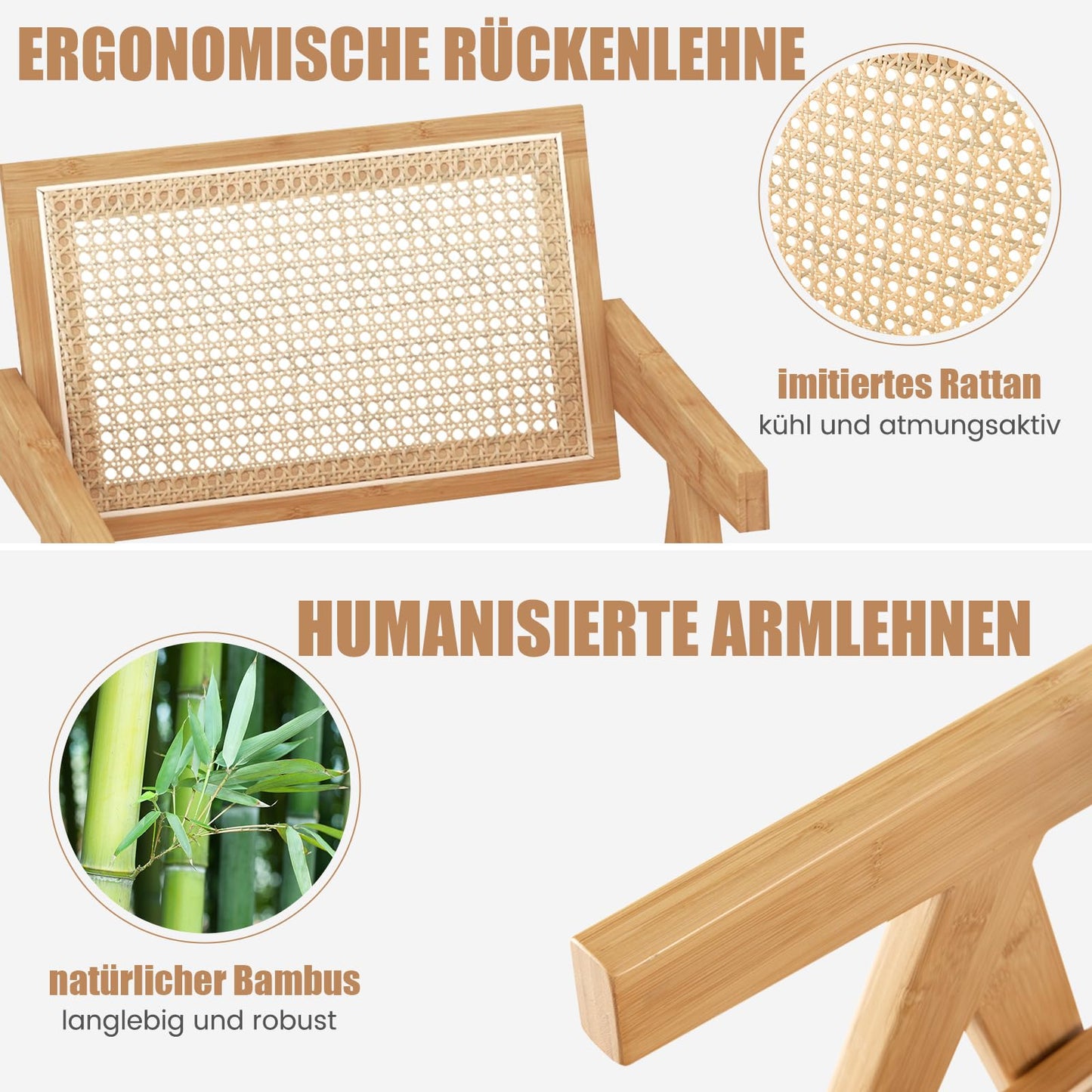 Zestaw 4 krzeseł rattanowych do jadalni i kuchni, bambusowa rama, podłokietniki, 50x52x81 cm - krzesla w kolorze naturalnego drewna z rattanem
