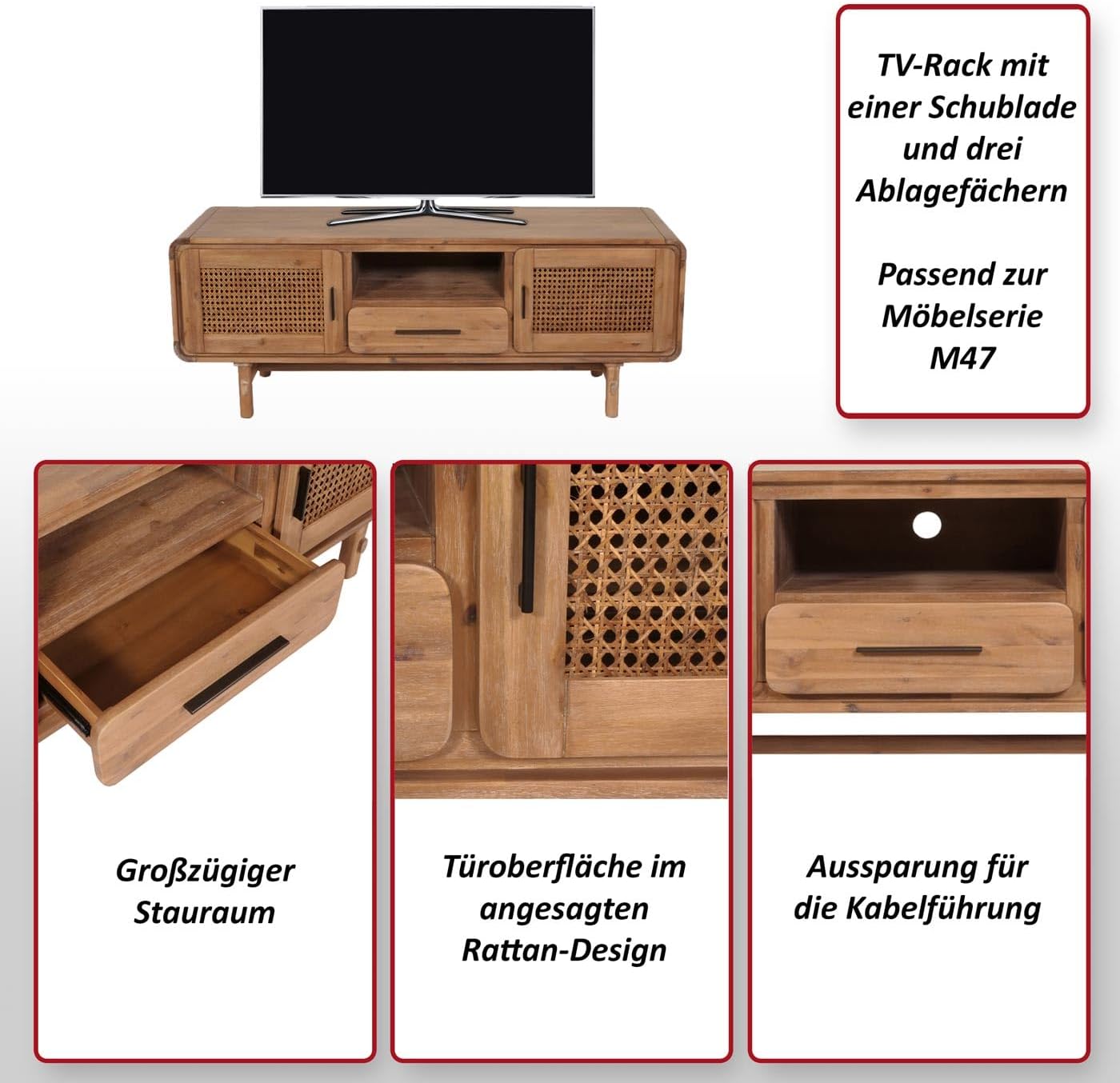 Szafka RTV z Rattanem i Drewna Akacjowego – 160x45x60 cm, Szafka pod telewizor z akacji 160cm