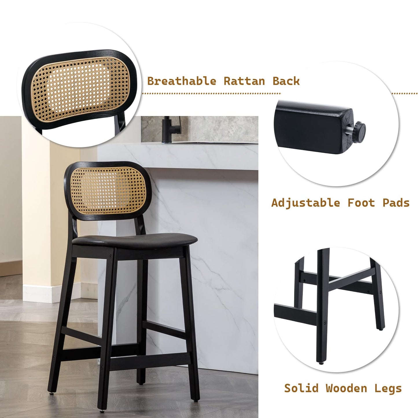 Czarne rattanowe Stołki barowe 2 szt. - Rattanowe, Mid-Century, drewno lite, wysokość baru, czarne