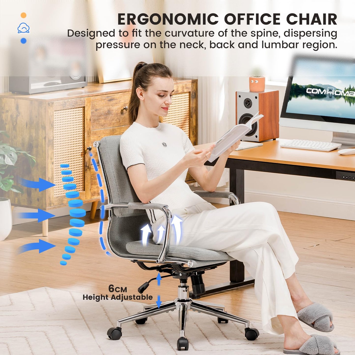 Ergonomiczne krzesło biurowe, z oddychającego materiału, krzesło obrotowe z podłokietnikami, regulacja wysokości, krzesło biurowe z funkcją przechylania