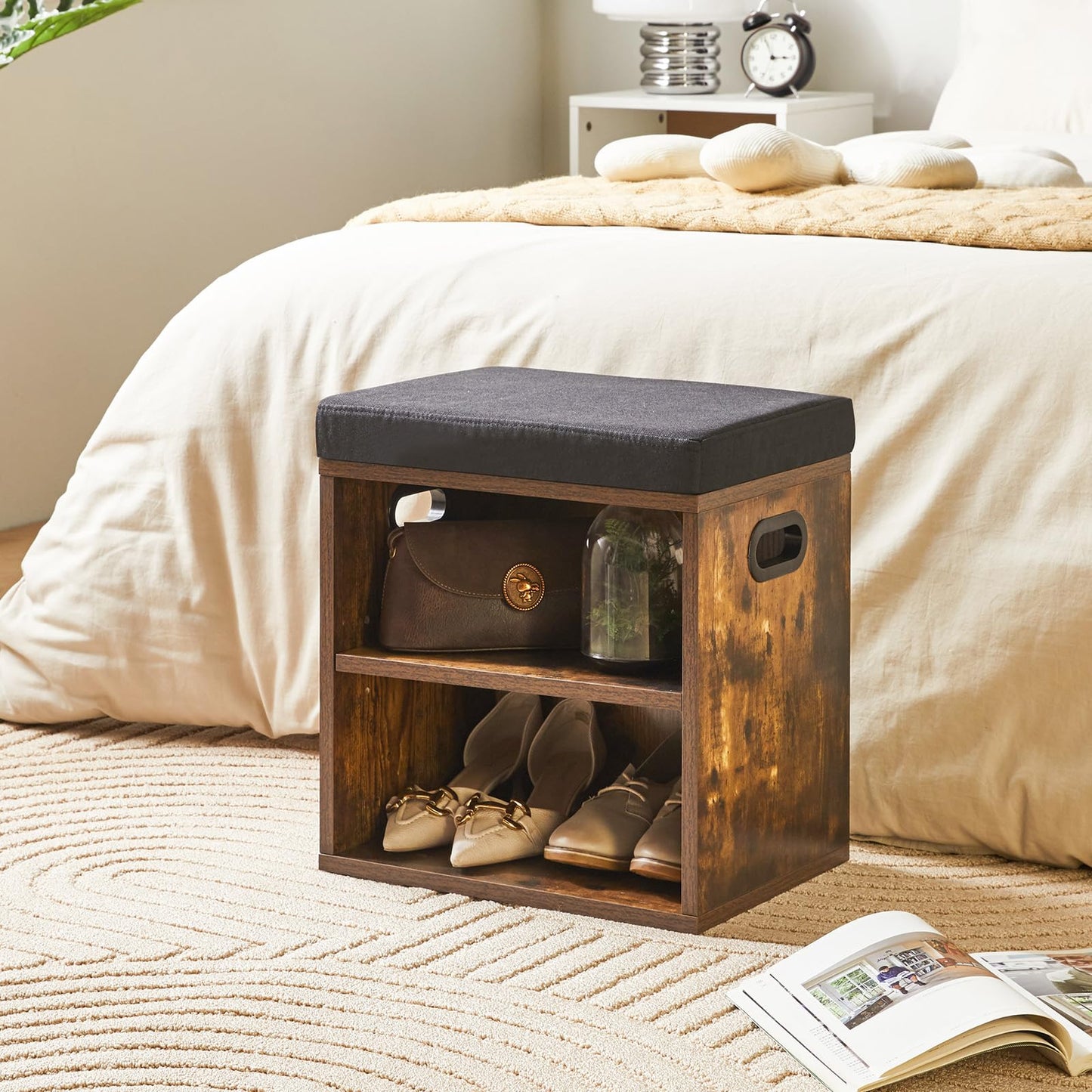 Ławka do przechowywania butów z poduszką – drewniana ławka z siedziskiem, rustykalny brąz, YMYNY (42H x 39L x 28W cm)