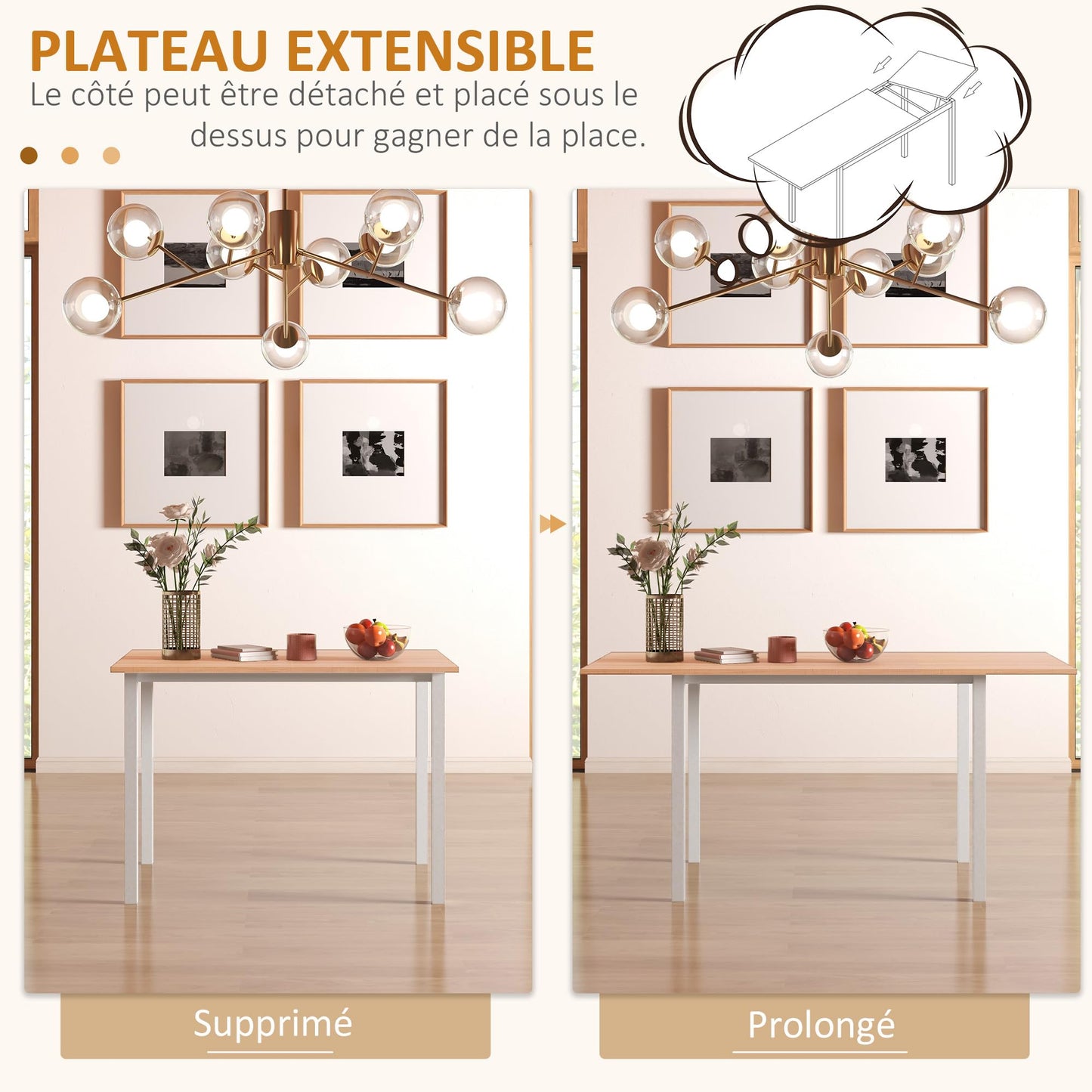 Nowoczesny Rozkładany Stół Jadalny, stół z dużym blatem dla 6 osób, biało-brązowy stół 110cm