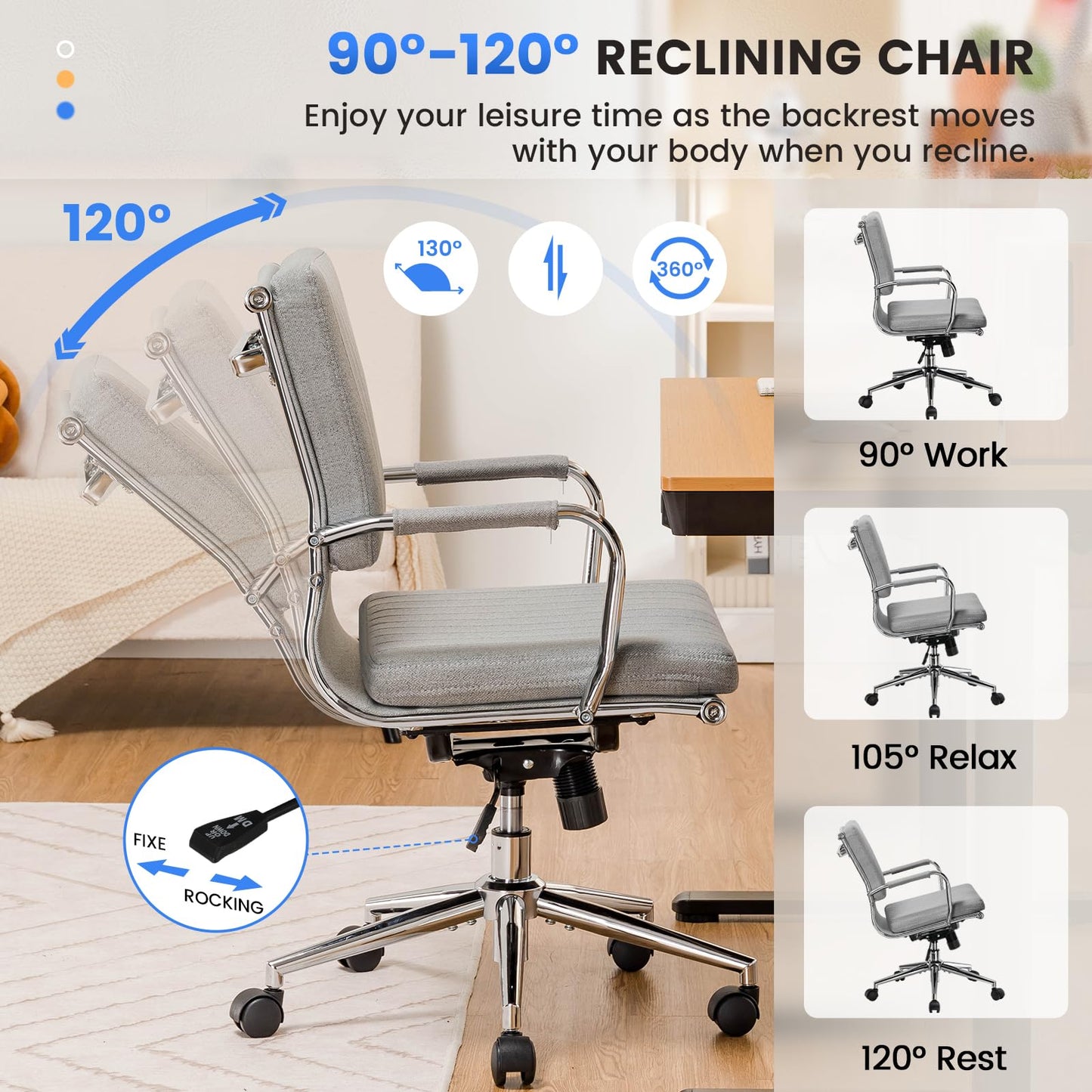 Ergonomiczne krzesło biurowe, z oddychającego materiału, krzesło obrotowe z podłokietnikami, regulacja wysokości, krzesło biurowe z funkcją przechylania