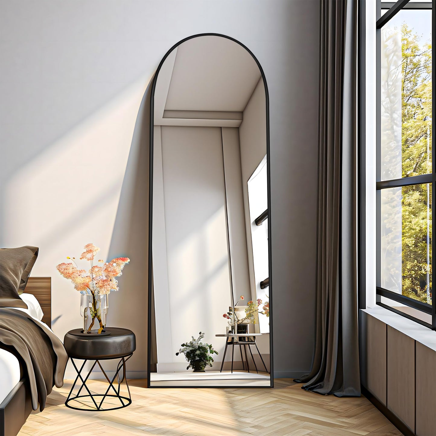 COFENY Lustro na łukowatej podstawie, duże lustro ścienne z aluminiową ramą 40 x 150 cm, wiszące lub wiszące lustro do salonu, sypialni, przedpokoju, czarne
