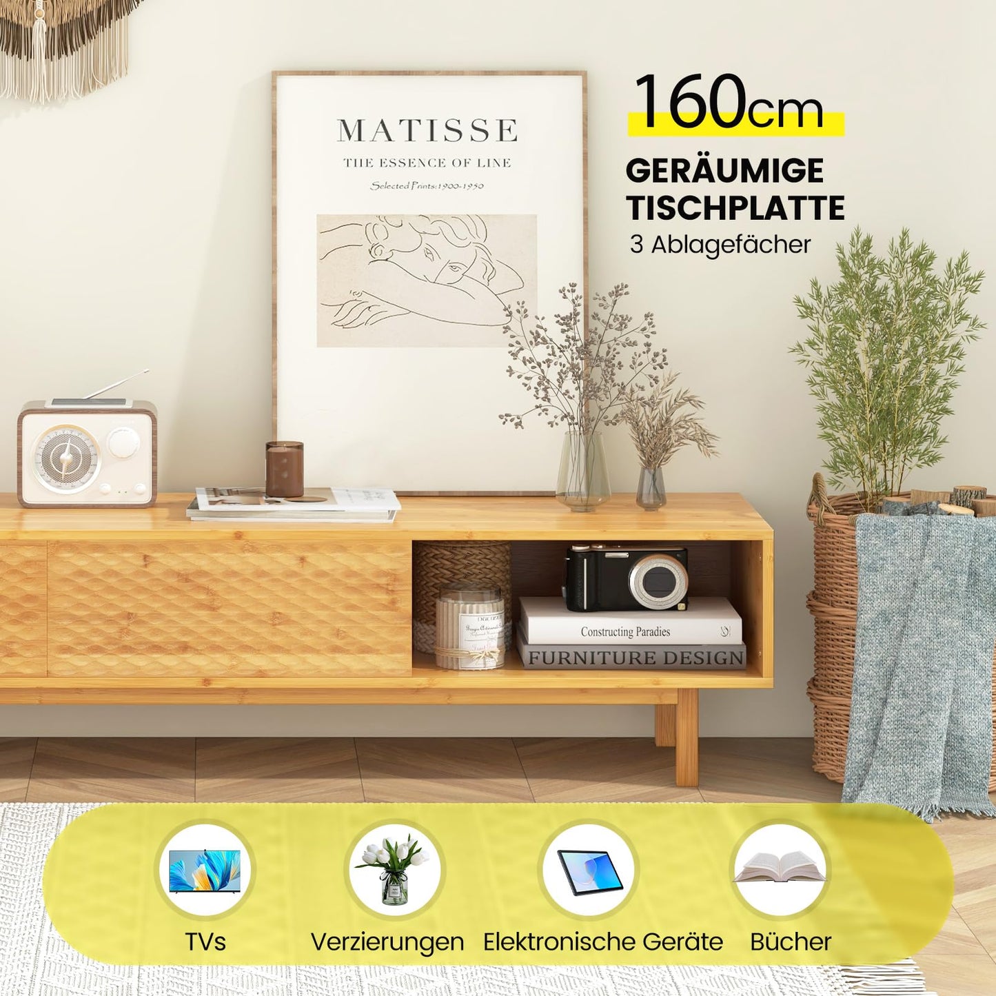 Skandynawska Szafka RTV Bambusowa z Przesuwanymi Drzwiami i Szafkami – 160x40x38 cm, szafka w kolorze naturalnym