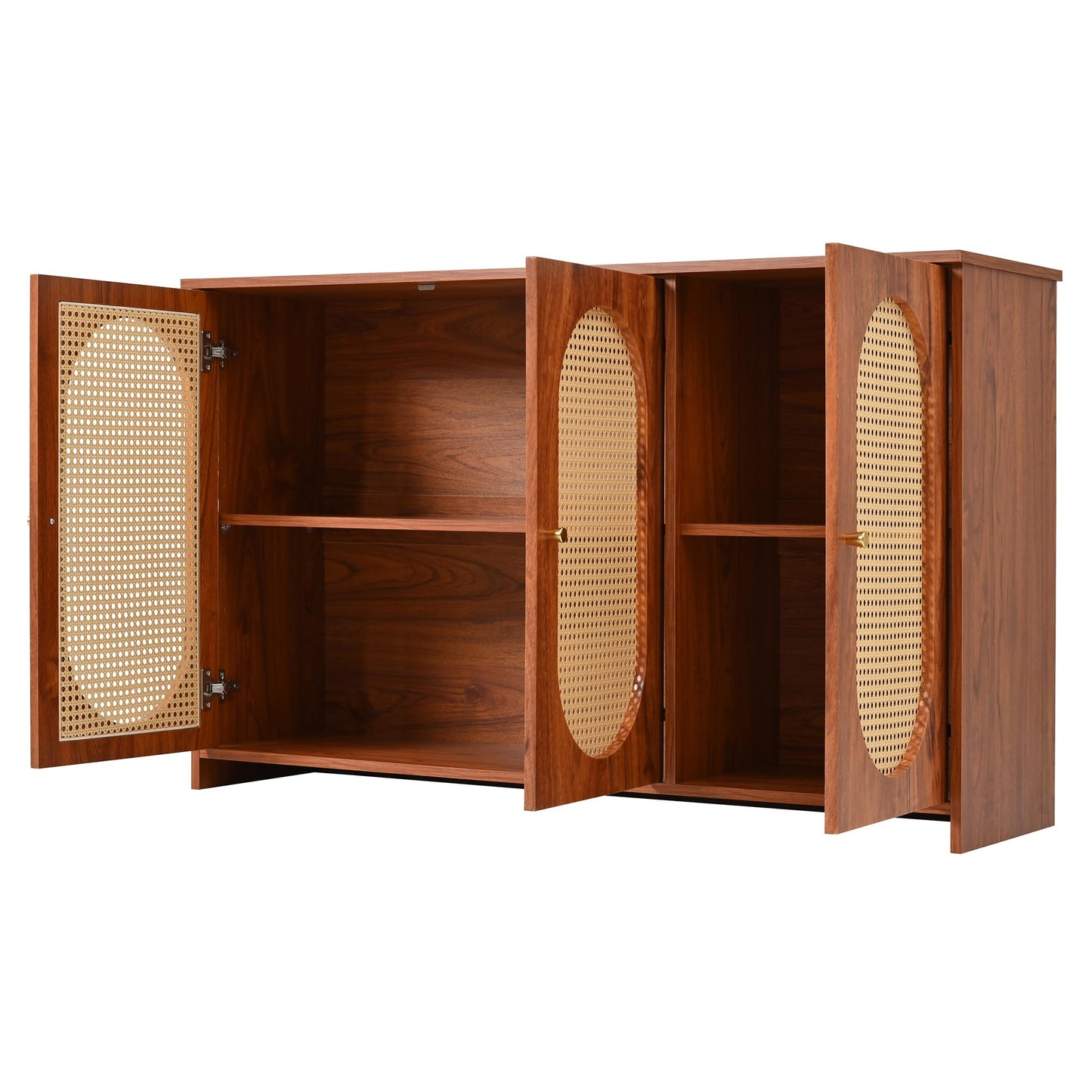 Stylowy kredens 125 cm z 3 drzwiami, rattanowymi drzwiami i metalowymi uchwytami – meble do salonu, jadalni, kuchni