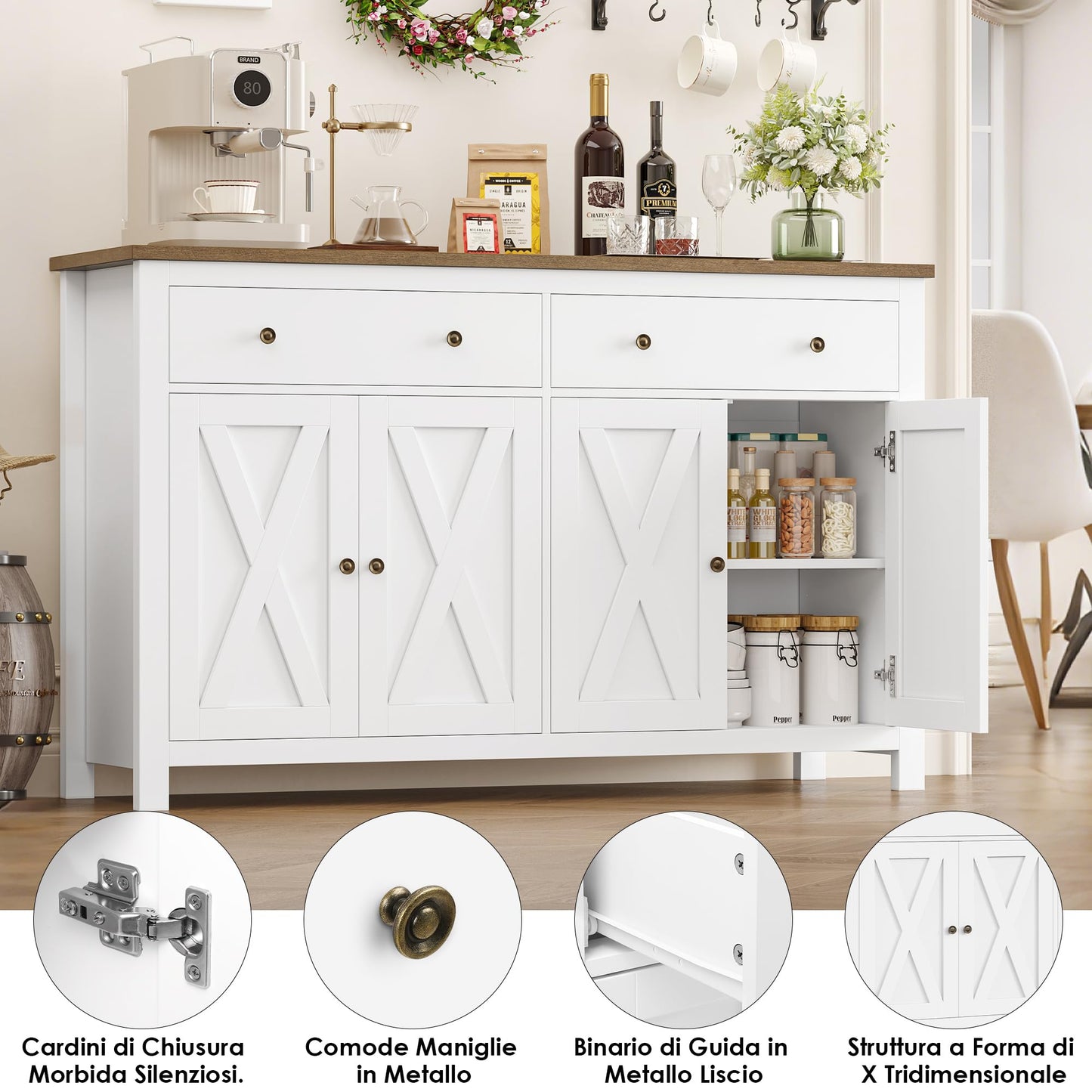 Kredens kuchenny z blatem roboczym 140 cm, szafka bufetowa z 2 szufladami i 4 drzwiami, regulowany regał – nowoczesne meble do salonu