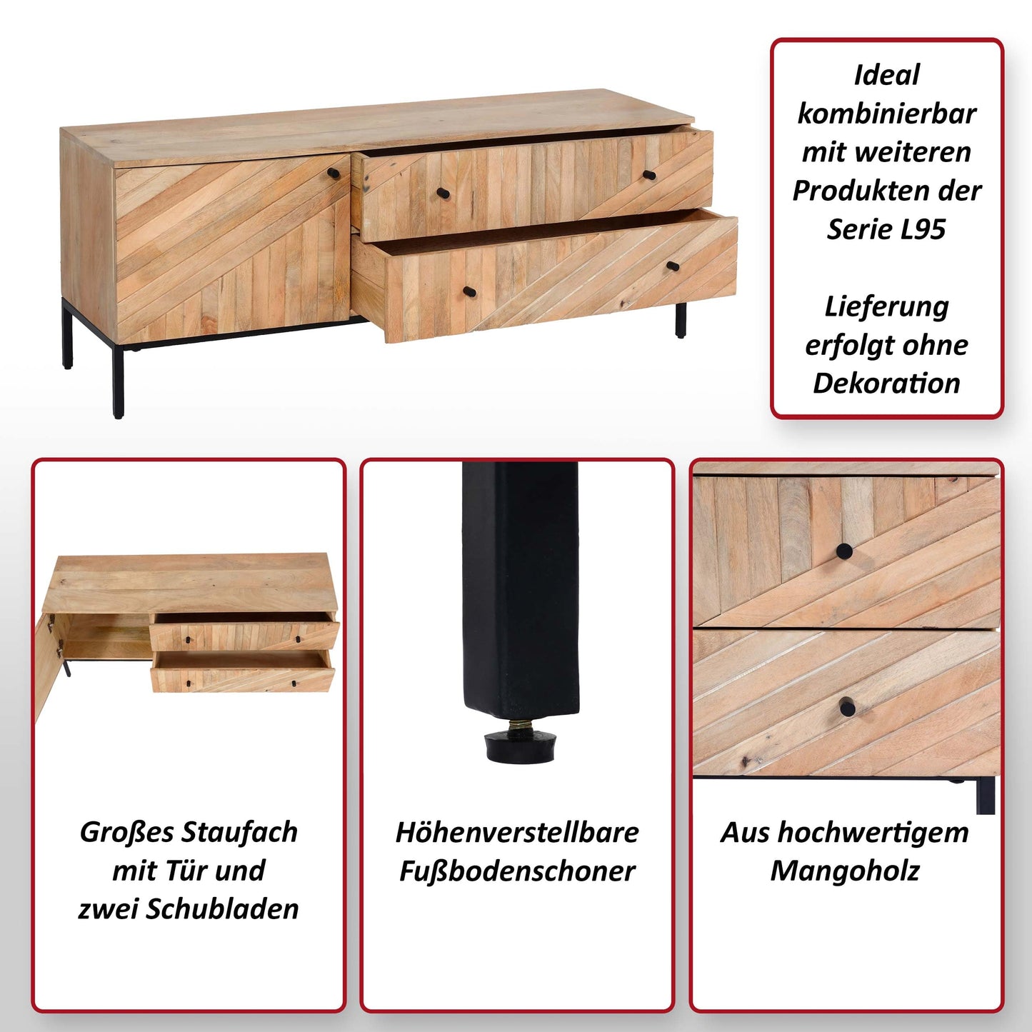 Szafka RTV Mendler L95 z Drewna Mango i Metalowymi Nóżkami – 56x145x43 cm, Naturalna Komoda 145cm