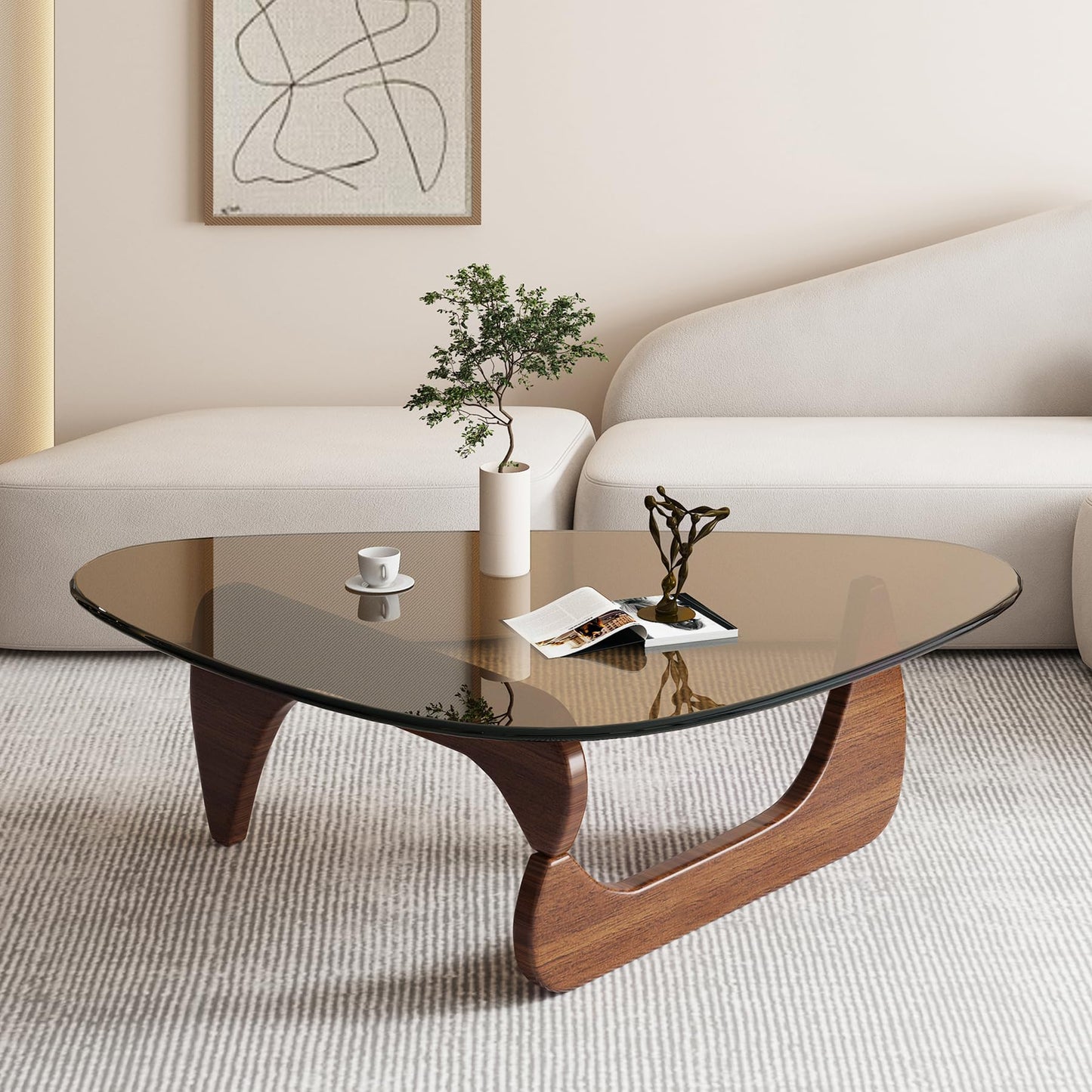 Stolik kawowy okrągły, szkło hartowane, lite drewno, nowoczesny styl, orzech brązowy, 114 cm - designerski szklany stolik kawowy
