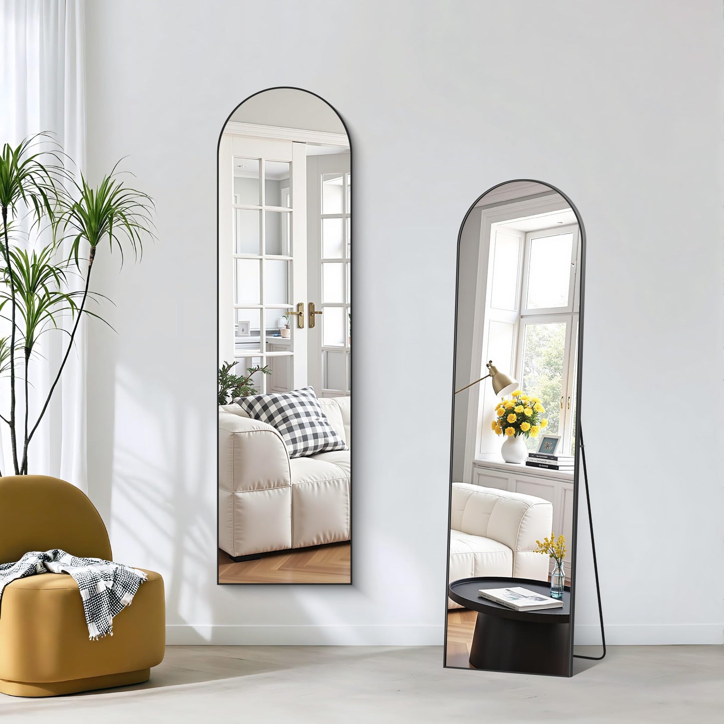COFENY Lustro na łukowatej podstawie, duże lustro ścienne z aluminiową ramą 40 x 150 cm, wiszące lub wiszące lustro do salonu, sypialni, przedpokoju, czarne