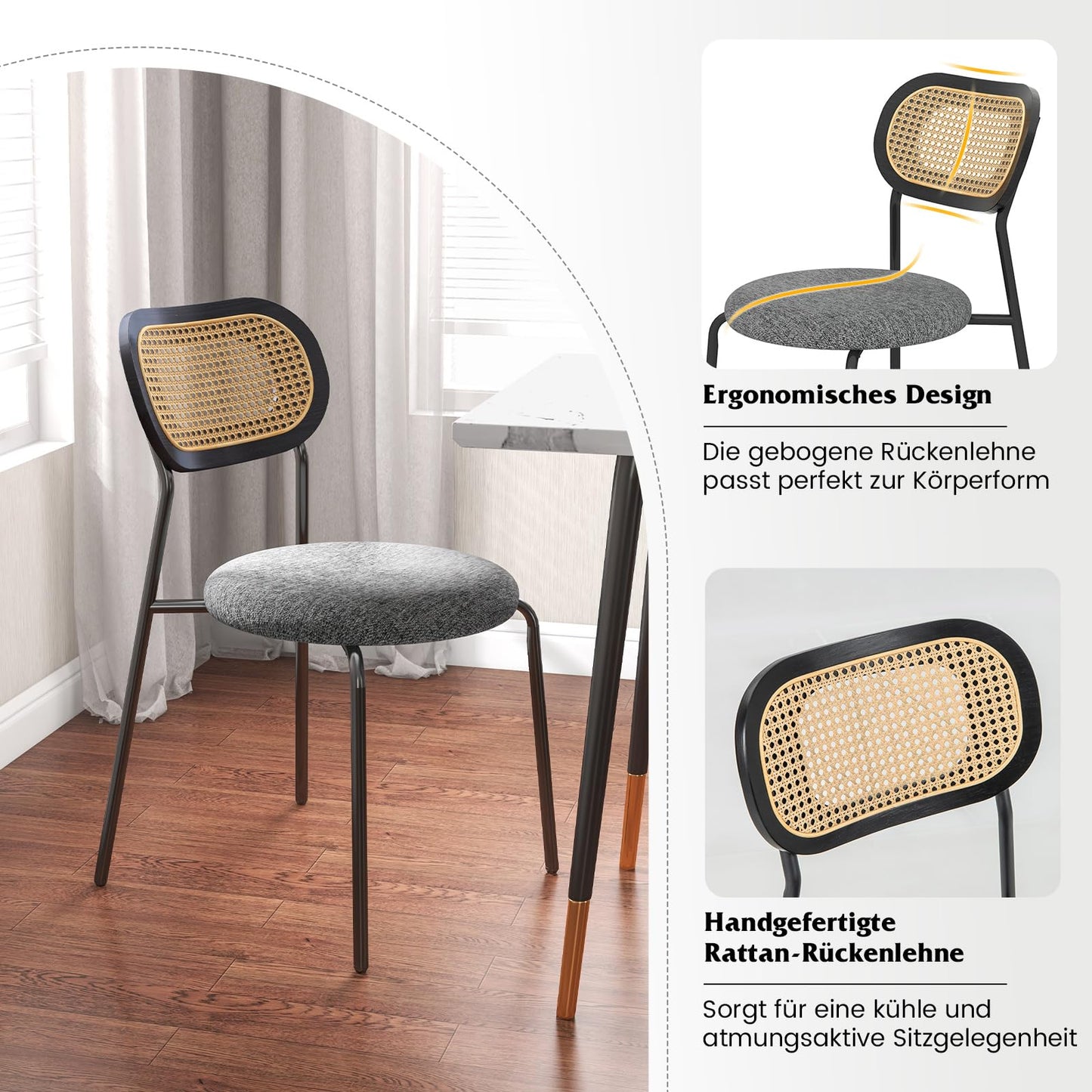 Zestaw 2 krzeseł do jadalni i kuchni, rattanowe oparcie, tapicerowane siedzisko, metalowe nogi - zestaw czarnych krzeseł z rattanowym oparciem