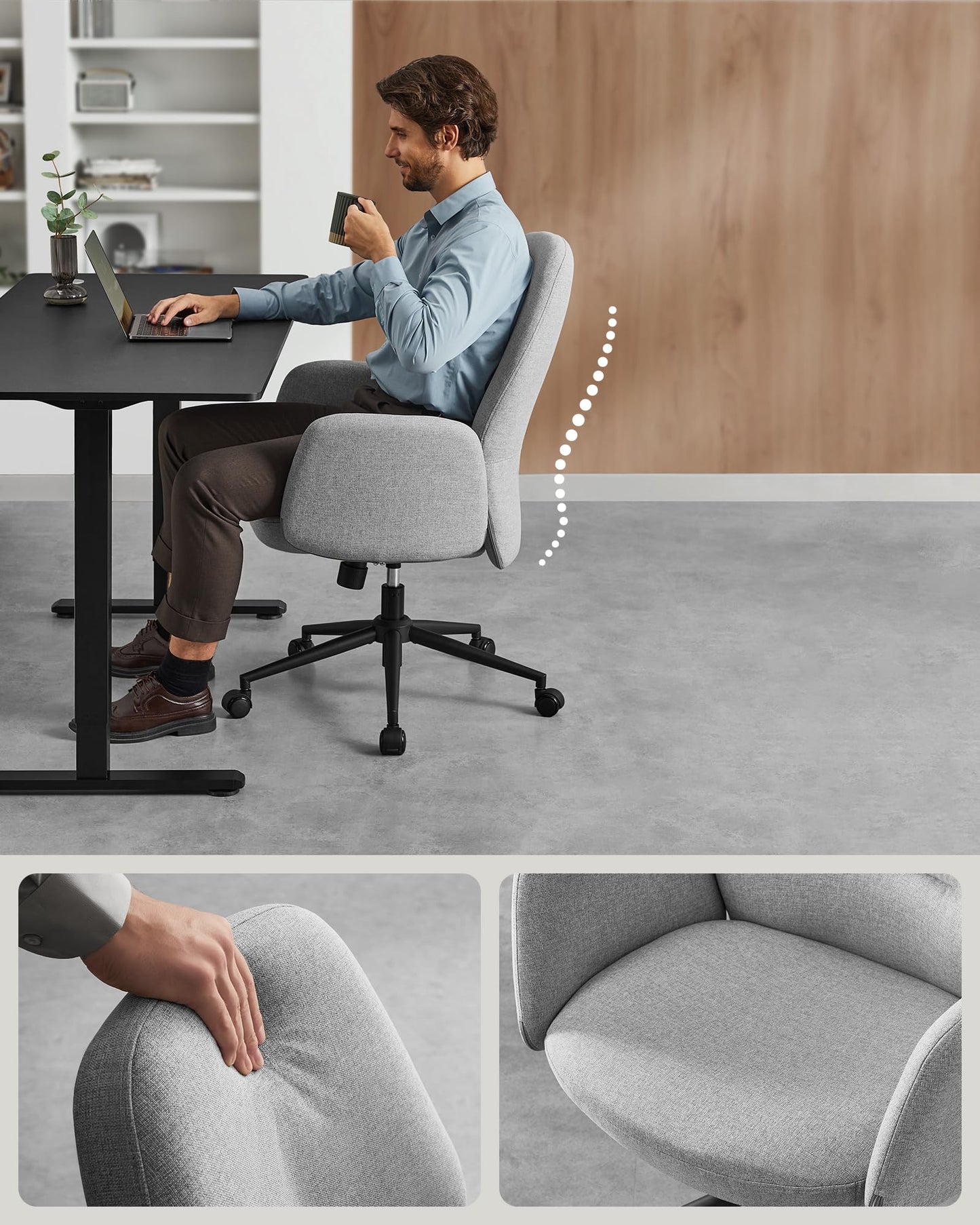 Szare Krzesło obrotowe do biura – ergonomiczne krzesło biurowe, regulacja wysokości, szerokie siedzisko, mieszanka bawełny i lnu, gołębi szary