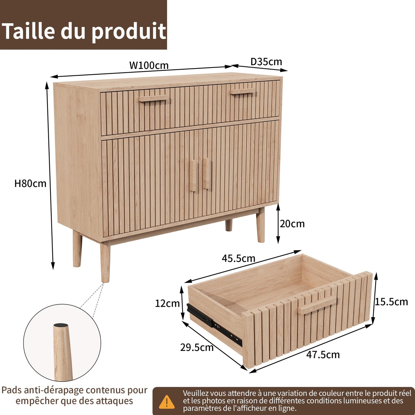 Szafka do przechowywania z karbowanymi drzwiami, 2-drzwiowa 2-szufladowa szafka akcentująca, kredens w formie bufetu